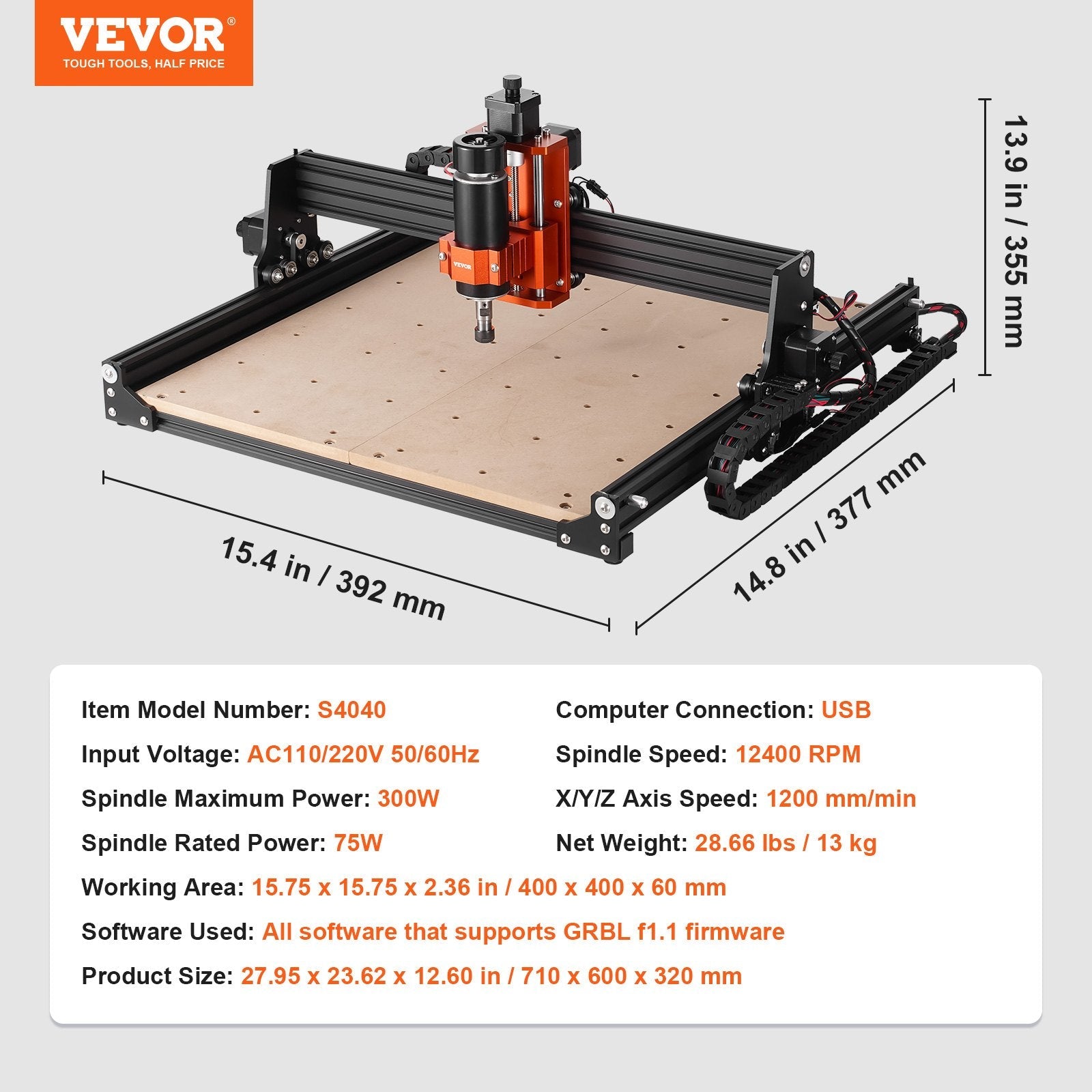 VEVOR CNC Router Machine, 300W, 3 Axis GRBL Control Wood Engraving Carving Milling Machine Kit, 400 x 400 x 75 mm / 15.7 x 15.7 x 2.95 in Working Area 12000 RPM for Wood Acrylic MDF PVC Plastic Foam 