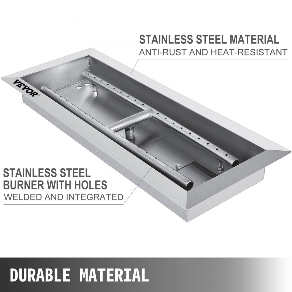 VEVOR Fire Pit Pan Stainless Steel Rectangular Fire Pit Pan and Burner 20x8 inch, Built-in Fire Pit Pan Both for Propane Gas & Natural Gas Suitable for Indoor & Outdoor Use 