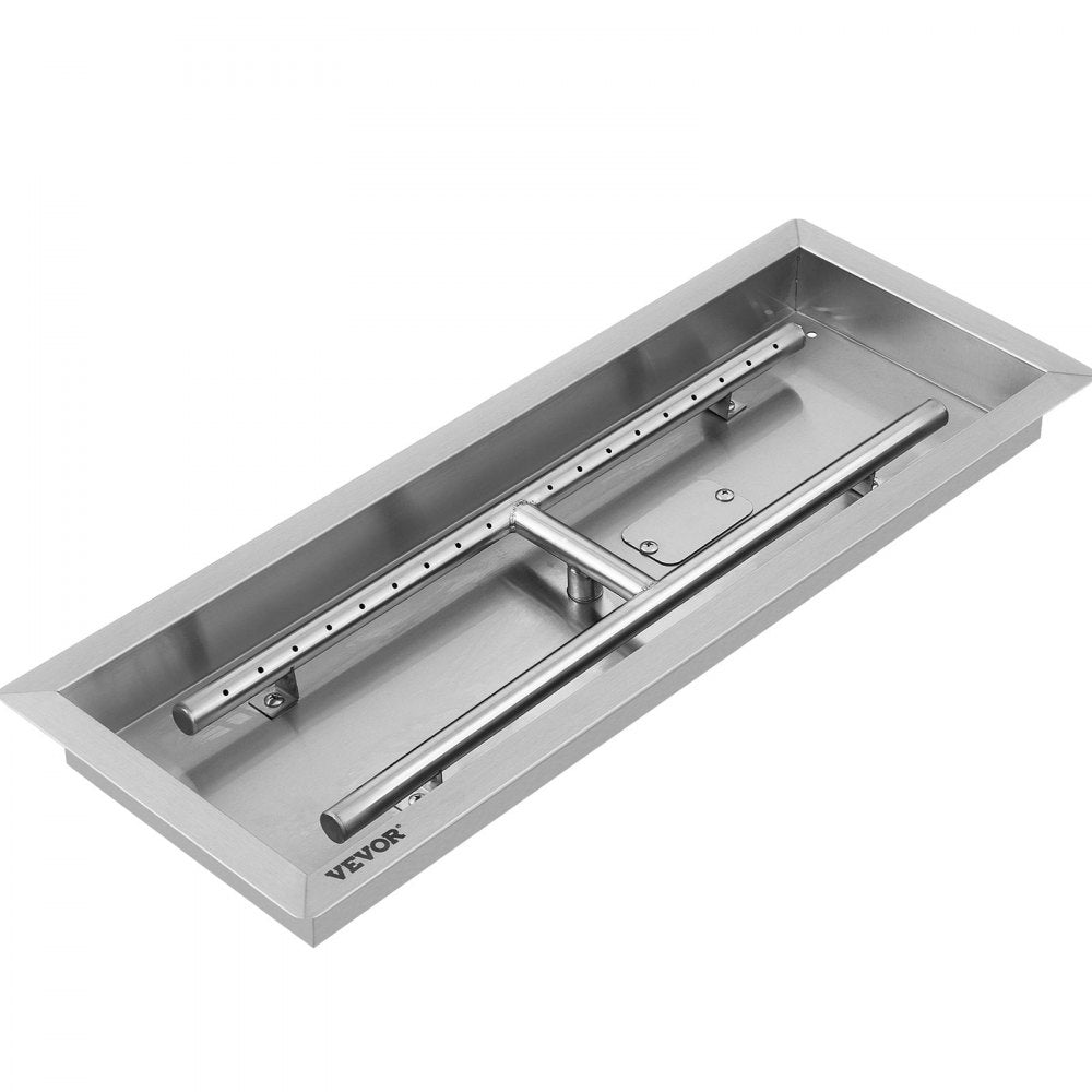 VEVOR 25.5x10 inch Fire Pit Pan Stainless Steel Rectangular Fire Pit Pan and Burner, 201 Series SS 90000 BTU Max, Built-in Fire Pit Pan Both for Propane Gas & Natural Gas Suitable for Indoor & Outdoor Use 