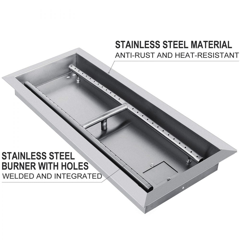 VEVOR 25.5x10 inch Fire Pit Pan Stainless Steel Rectangular Fire Pit Pan and Burner, 201 Series SS 90000 BTU Max, Built-in Fire Pit Pan Both for Propane Gas & Natural Gas Suitable for Indoor & Outdoor Use 