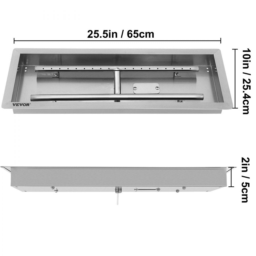 VEVOR 25.5x10 inch Fire Pit Pan Stainless Steel Rectangular Fire Pit Pan and Burner, 201 Series SS 90000 BTU Max, Built-in Fire Pit Pan Both for Propane Gas & Natural Gas Suitable for Indoor & Outdoor Use 