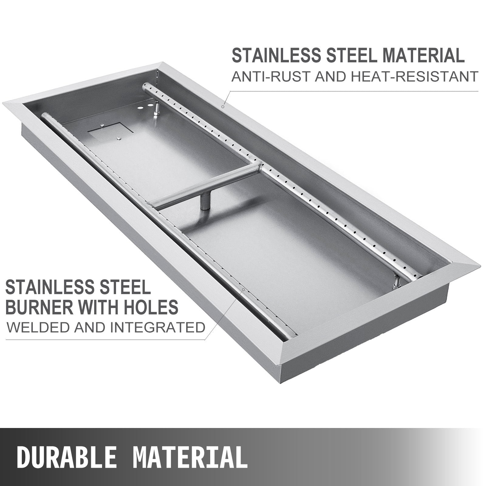 VEVOR Fire Pit Pan 31.5x12 Inch, Stainless Steel Rectangular Fire Pit Pan and Burner, Built-in Fire Pit Pan with H-Burner, 90K BTU 
