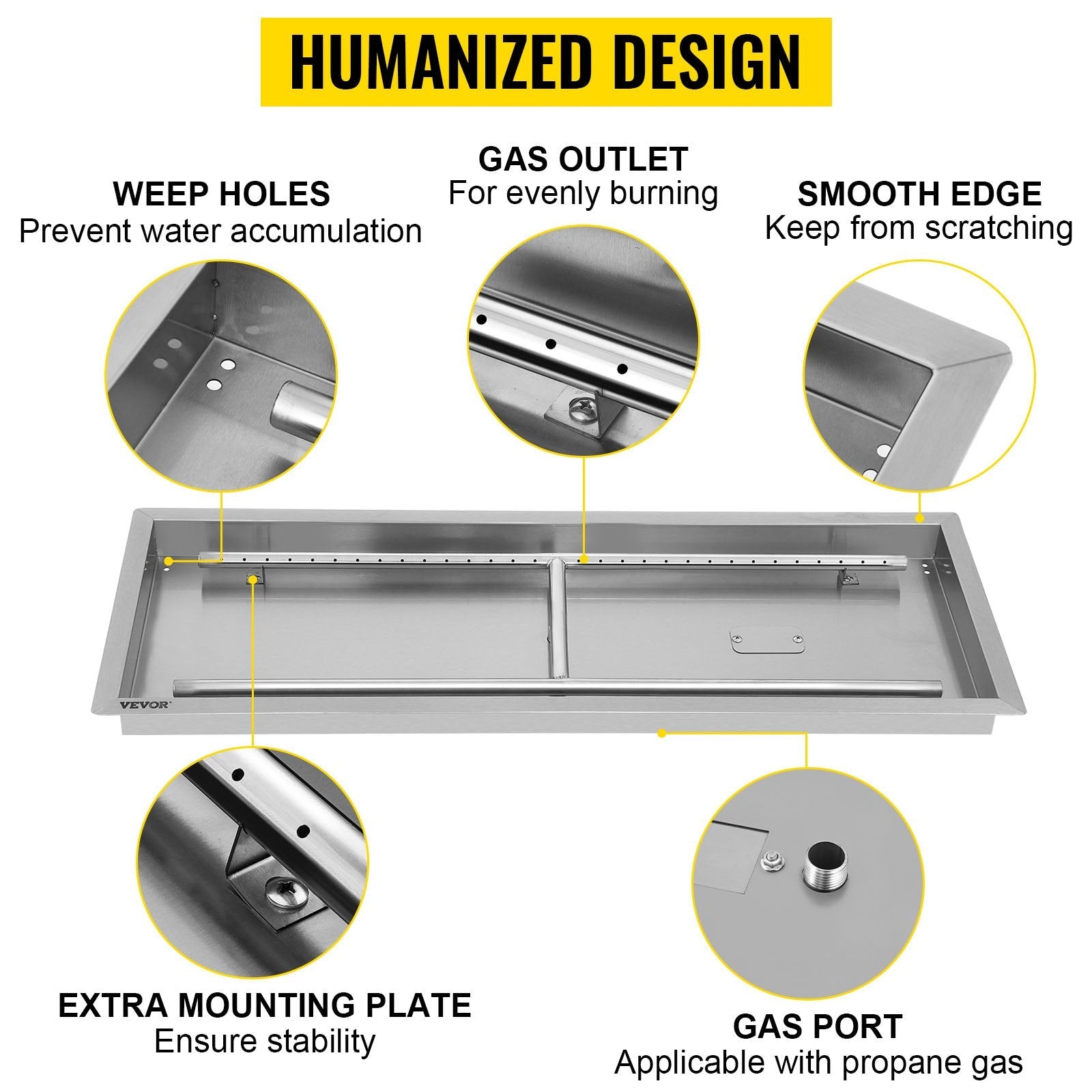 VEVOR Fire Pit Pan 31.5x12 Inch, Stainless Steel Rectangular Fire Pit Pan and Burner, Built-in Fire Pit Pan with H-Burner, 90K BTU 