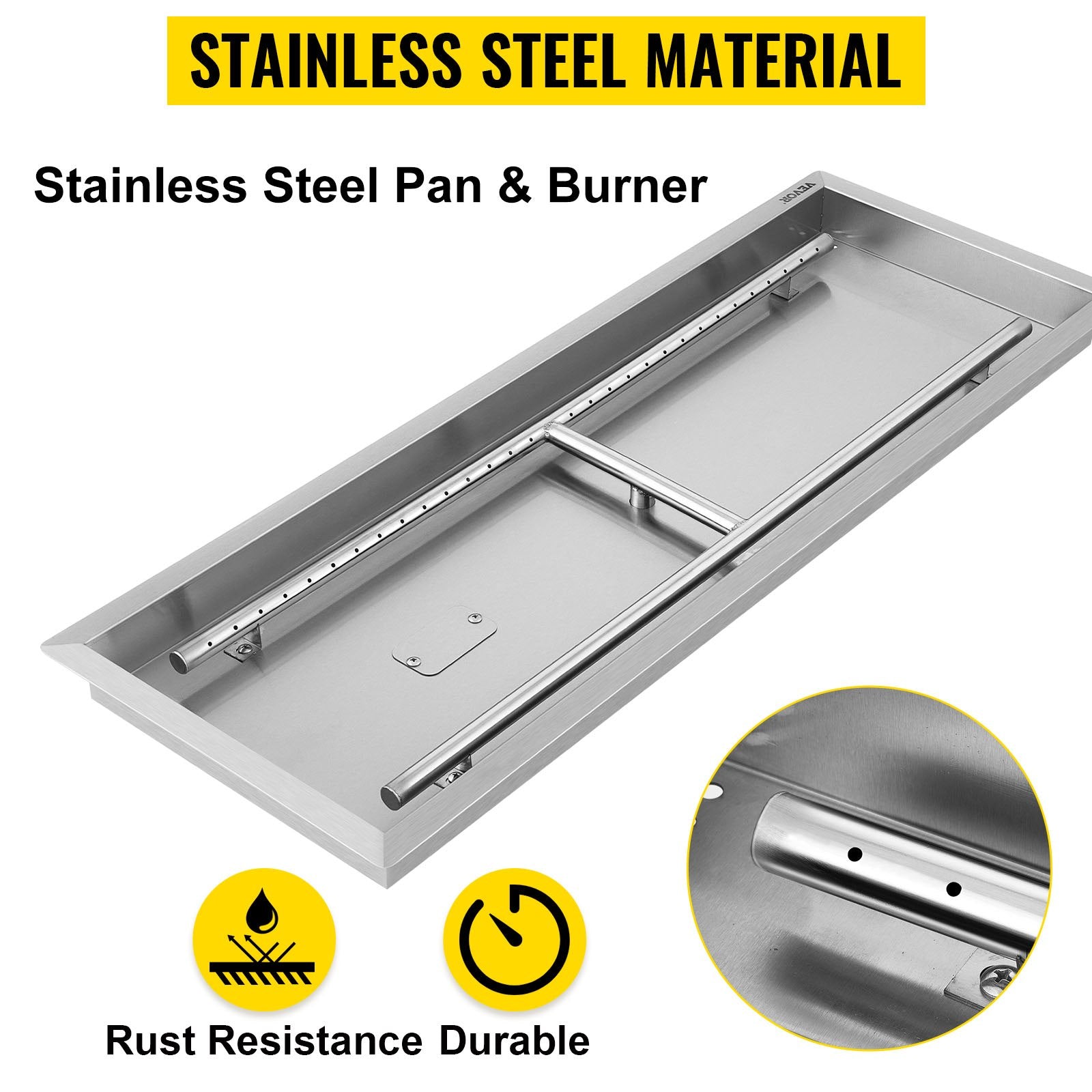 VEVOR Fire Pit Pan 31.5x12 Inch, Stainless Steel Rectangular Fire Pit Pan and Burner, Built-in Fire Pit Pan with H-Burner, 90K BTU 