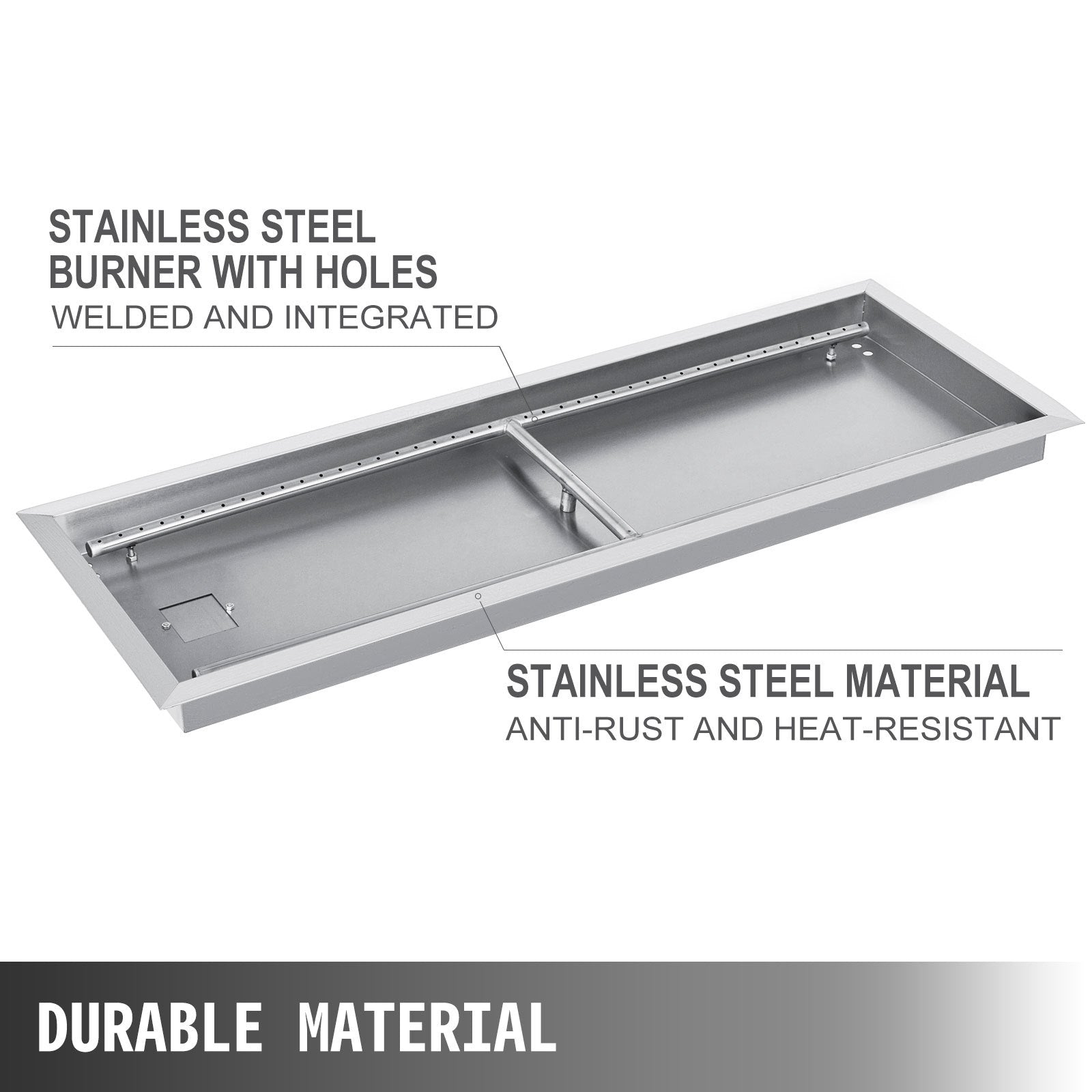 VEVOR Fire Pit Pan Stainless Steel Rectangular Fire Pit Pan and Burner 37.5x14 Inch, Built-in Fire Pit Pan Both for Propane Gas & Natural Gas Suitable for Indoor & Outdoor Use, 150K BTU 