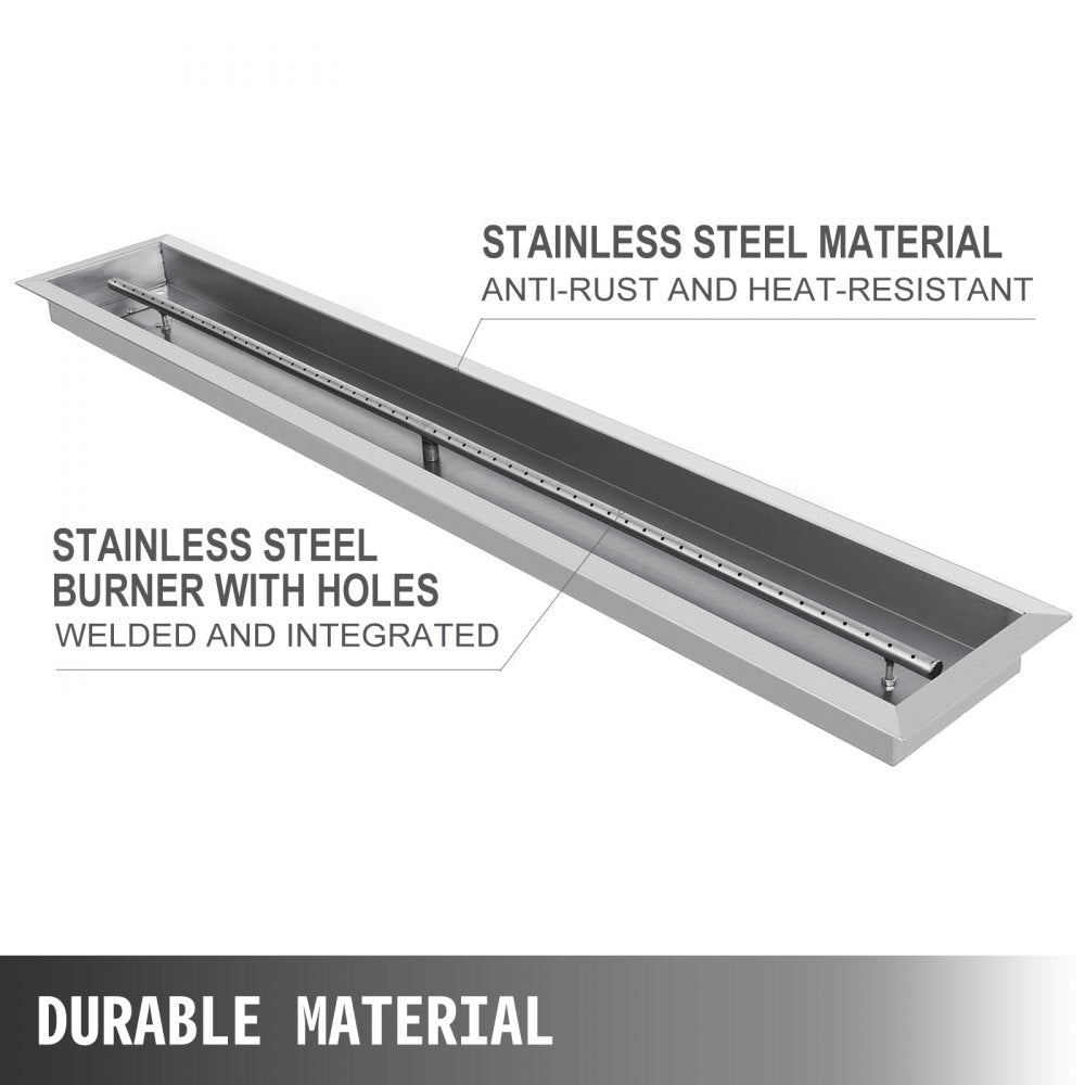VEVOR Fire Pit Pan 49x8 Inch, Stainless Steel Linear Trough Fire Pit Pan and Burner, Built-in Fire Pit Burner Pan, 90K BTU 