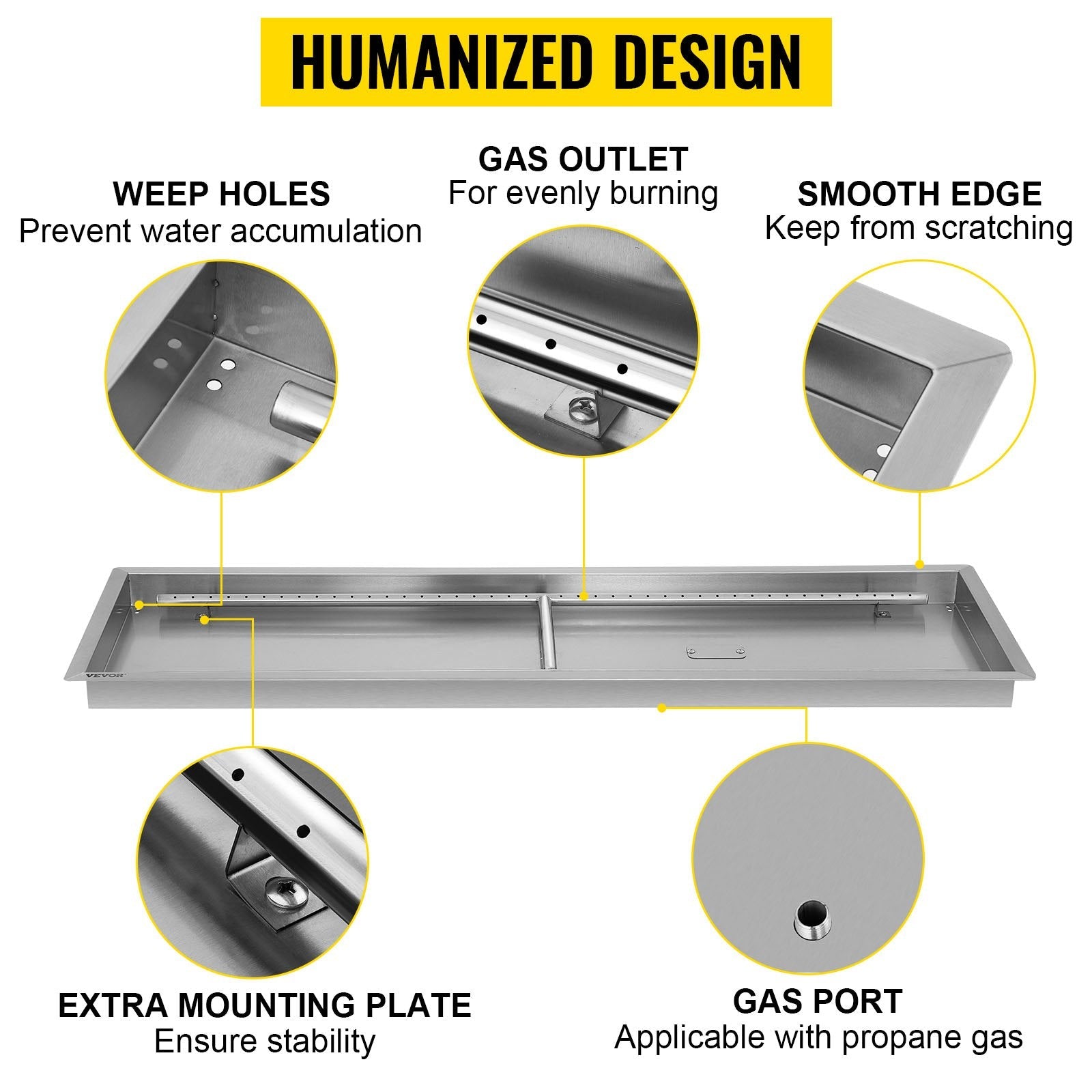 VEVOR Fire Pit Pan,Stainless Steel Linear Trough Fire Pit Pan and Burner,Built-in Fire Pit Burner Pan for Propane Gas (49x16 Inch) 