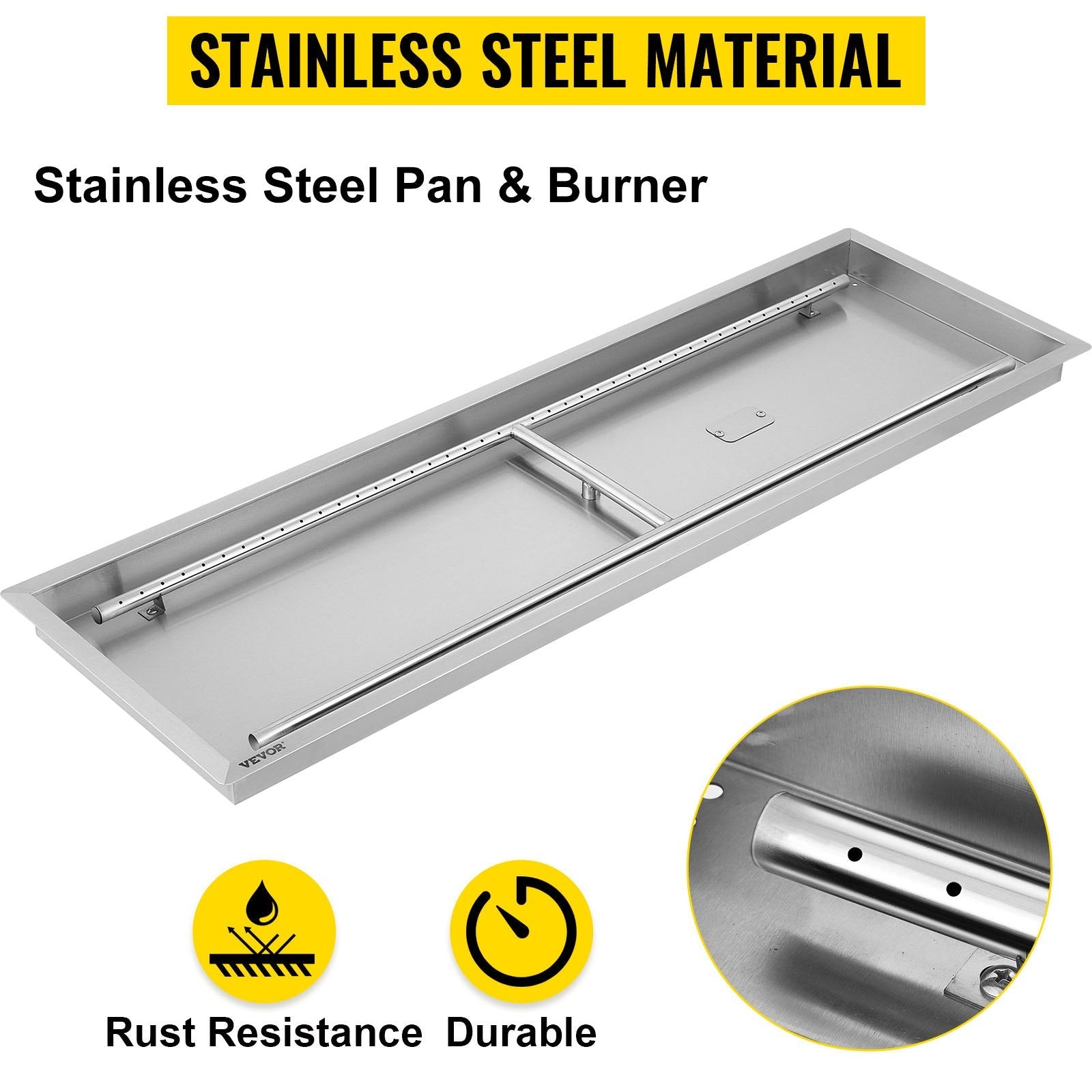 VEVOR Fire Pit Pan,Stainless Steel Linear Trough Fire Pit Pan and Burner,Built-in Fire Pit Burner Pan for Propane Gas (49x16 Inch) 