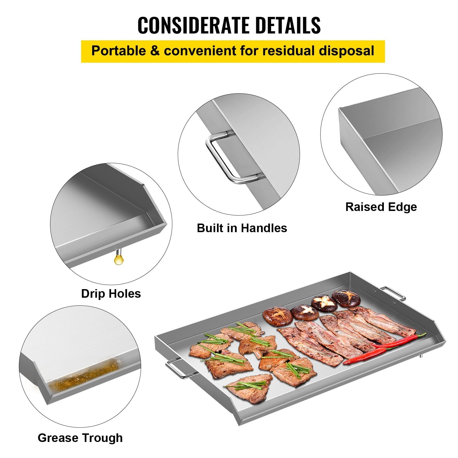 VEVOR Stainless Steel Griddle,32\" X 17\" Universal Flat Top Rectangular Plate , BBQ Charcoal/Gas Grill with 2 Handles and Grease Groove with Hole?Grills for Camping, Tailgating and Parties . 