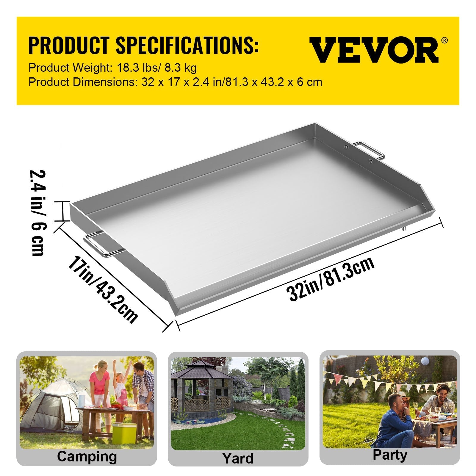 VEVOR Stainless Steel Griddle,32\" X 17\" Universal Flat Top Rectangular Plate , BBQ Charcoal/Gas Grill with 2 Handles and Grease Groove with Hole?Grills for Camping, Tailgating and Parties . 