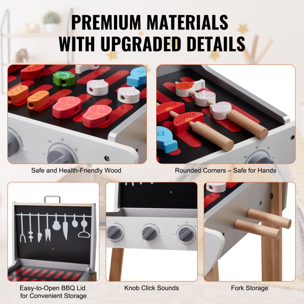 VEVOR 21 PCS Kids BBQ Grill Playset Wooden Cooking Grill Toy Set Pretend Sound 
