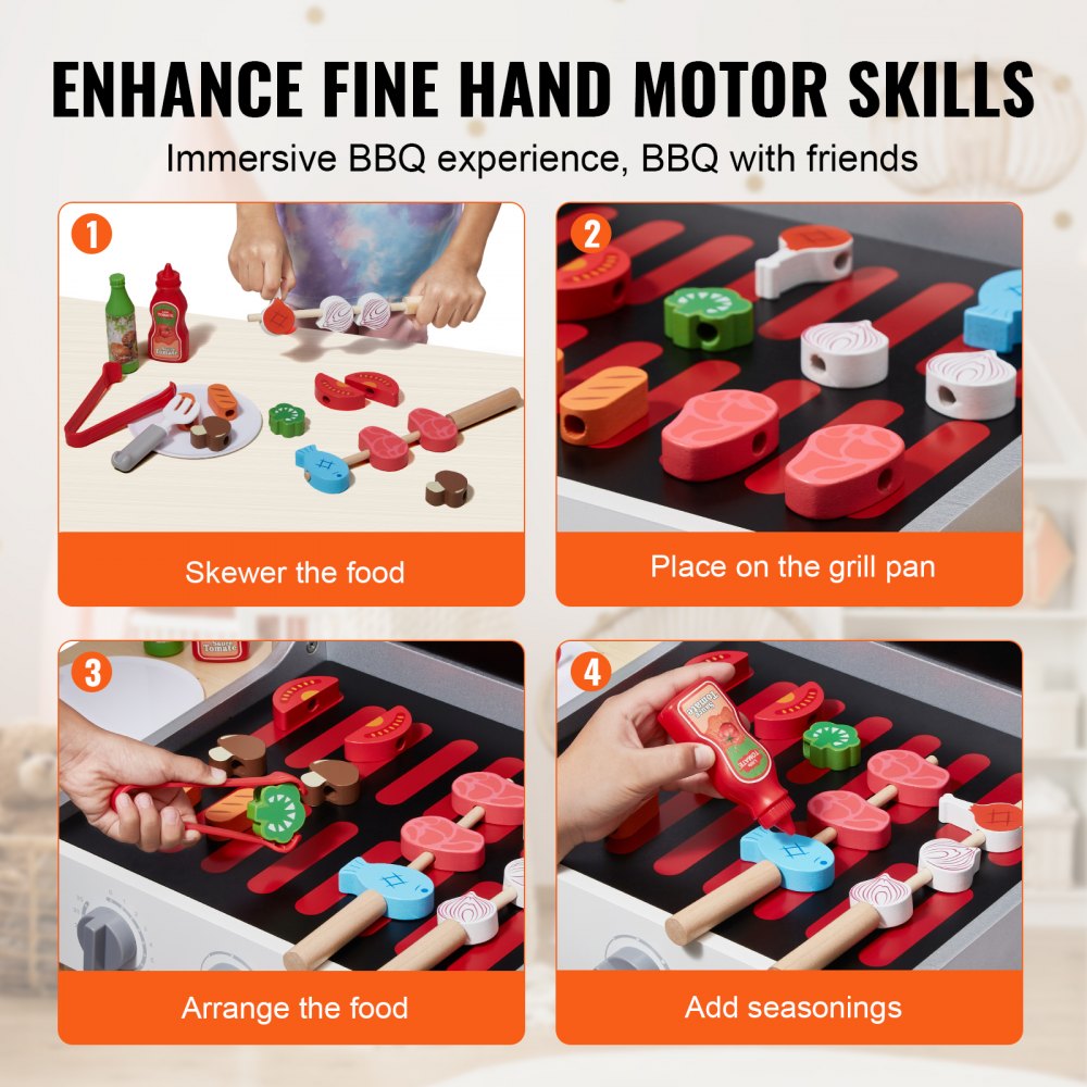 VEVOR 21 PCS Kids BBQ Grill Playset Wooden Cooking Grill Toy Set Pretend Sound 