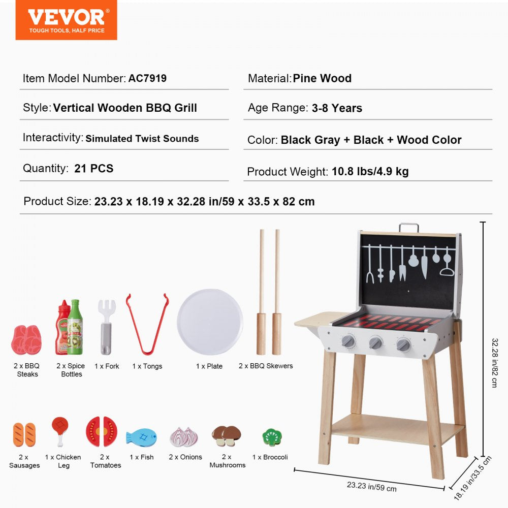 VEVOR 21 PCS Kids BBQ Grill Playset Wooden Cooking Grill Toy Set Pretend Sound 