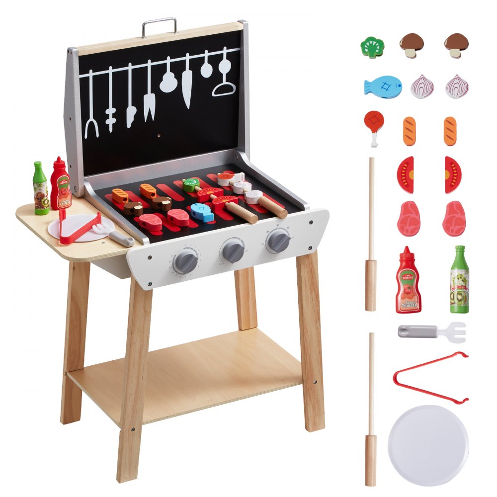 VEVOR 21 PCS Kids BBQ Grill Playset Wooden Cooking Grill Toy Set Pretend Sound 