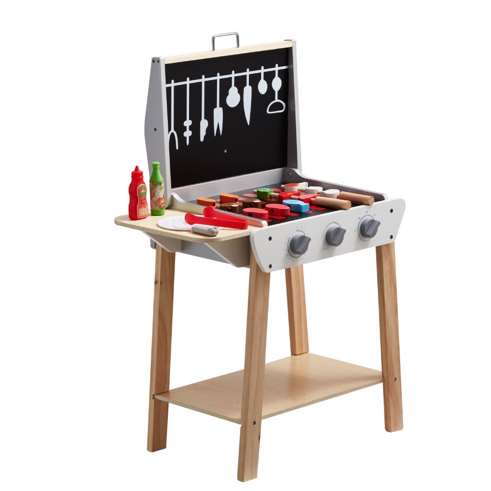 VEVOR 21 PCS Kids BBQ Grill Playset Wooden Cooking Grill Toy Set Pretend Sound 