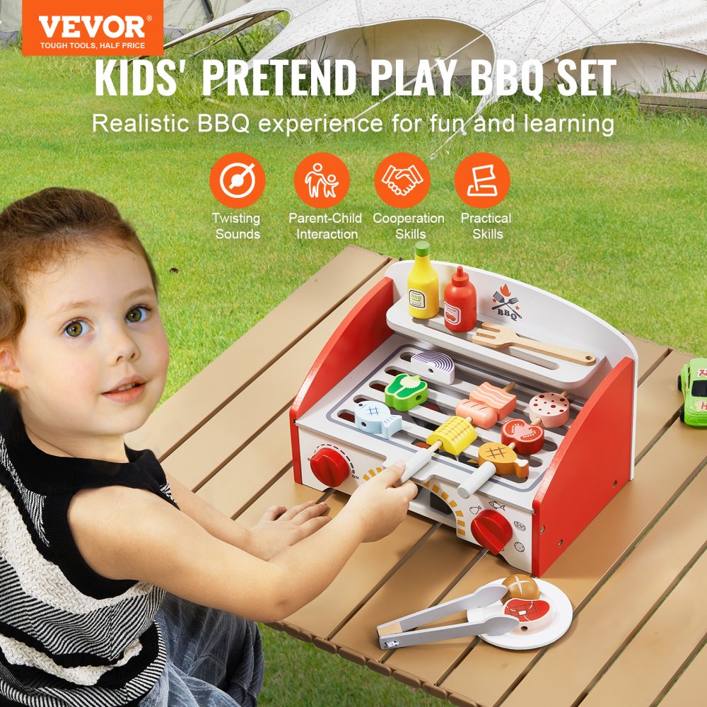 VEVOR 26 PCS Kids BBQ Grill Playset Wooden Cooking Grill Toy Set Pretend Sound 