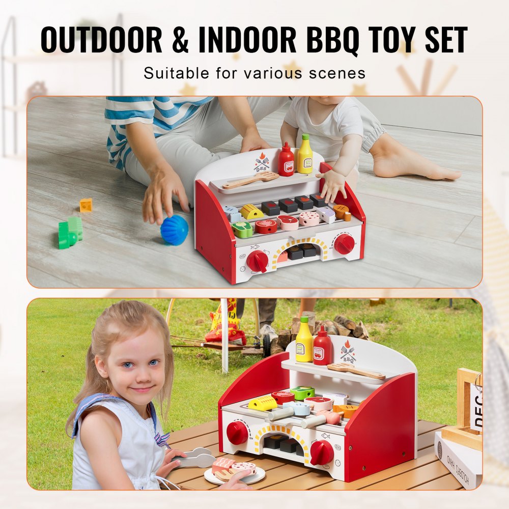 VEVOR 26 PCS Kids BBQ Grill Playset Wooden Cooking Grill Toy Set Pretend Sound 
