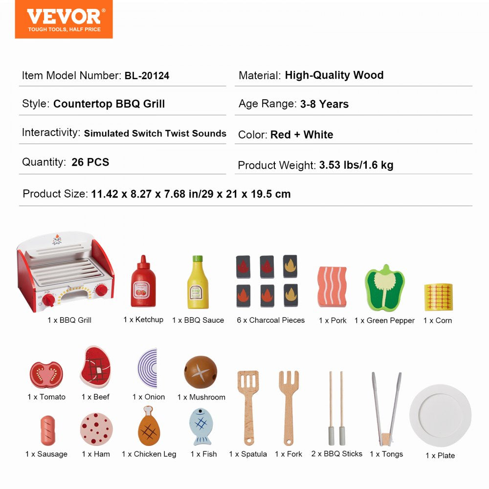 VEVOR 26 PCS Kids BBQ Grill Playset Wooden Cooking Grill Toy Set Pretend Sound 