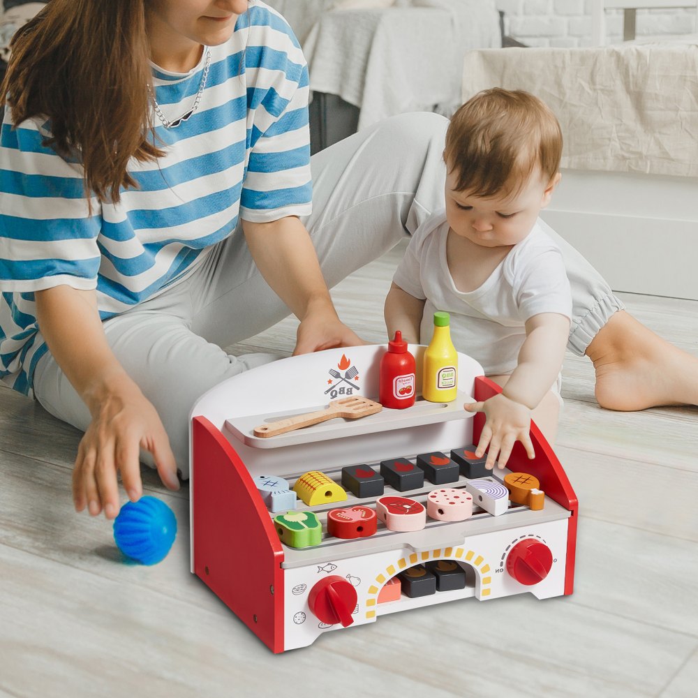 VEVOR 26 PCS Kids BBQ Grill Playset Wooden Cooking Grill Toy Set Pretend Sound 