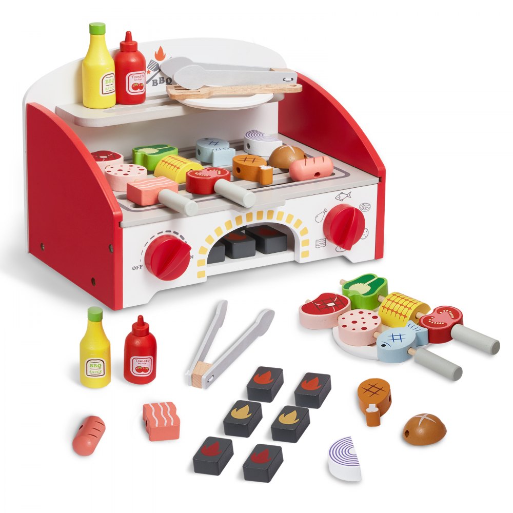 VEVOR 26 PCS Kids BBQ Grill Playset Wooden Cooking Grill Toy Set Pretend Sound 