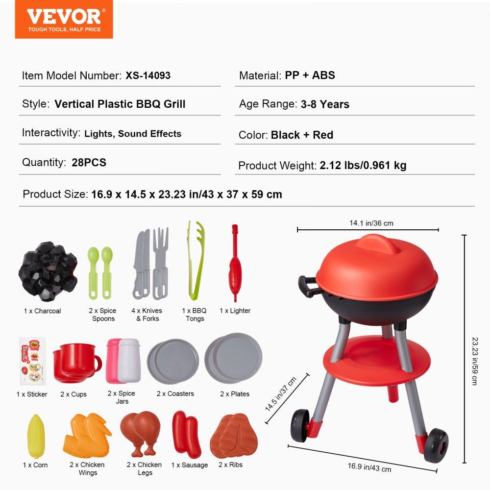 VEVOR 28 PCS Kids BBQ Grill Playset Cooking Grill Toy Set Pretend Sound Light 