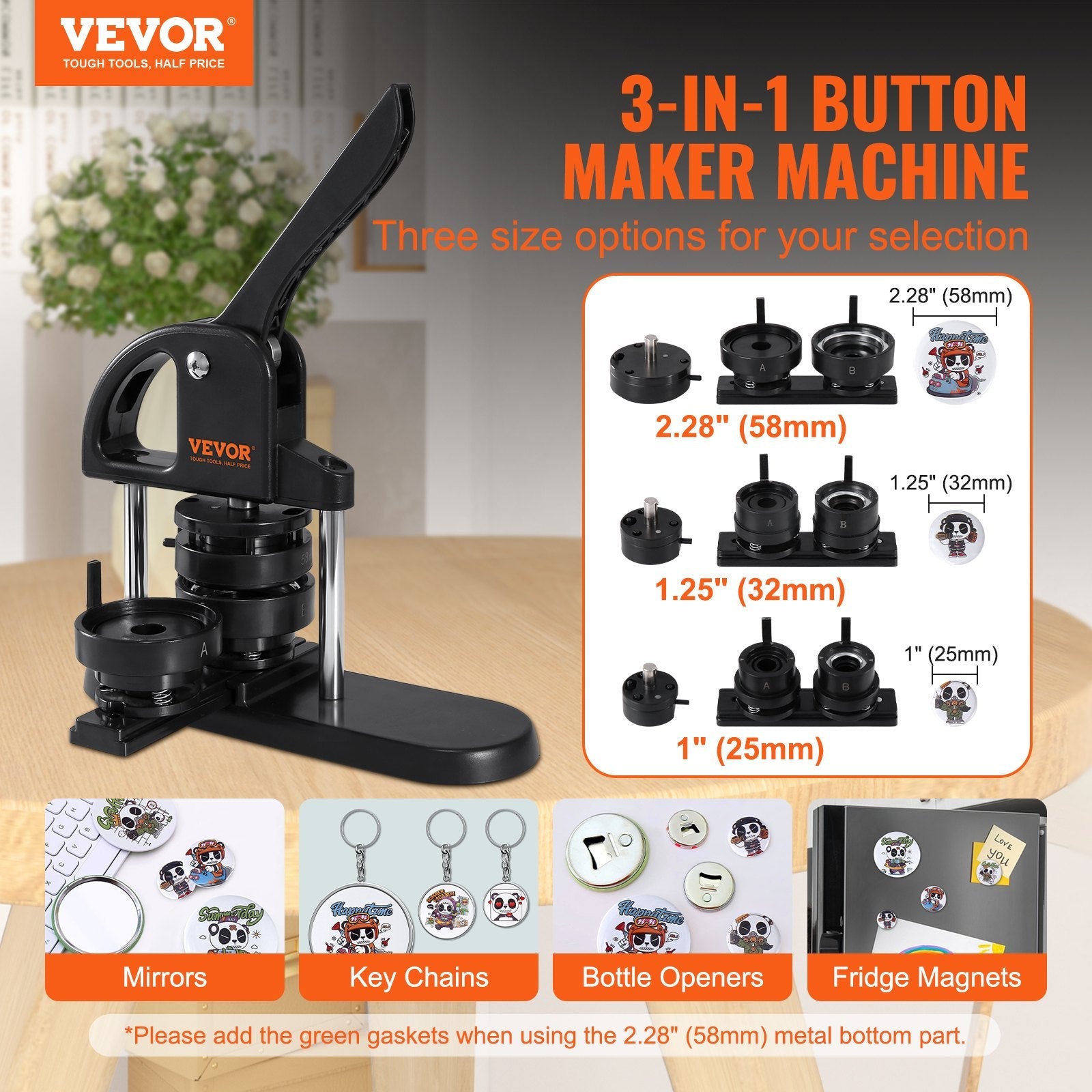VEVOR Button Maker Machine, 1/1.25/2.28 inch(25/32/58mm) 3-in-1 Pin Maker, Installation-Free Badge Punch Press Kit, Button Making Supplies with 300pcs Button Parts, Circle Cutter, Magic Book 