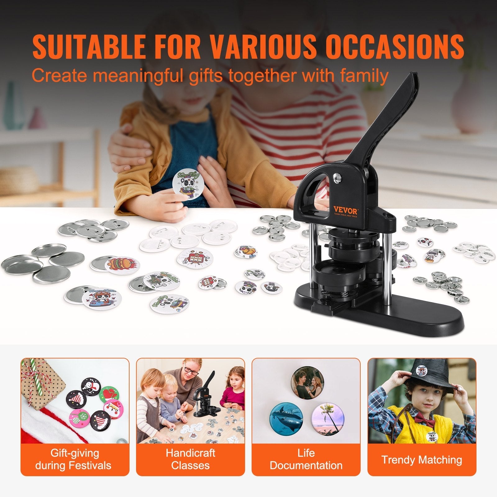 VEVOR Button Maker Machine, 1/1.25/2.28 inch(25/32/58mm) 3-in-1 Pin Maker, Installation-Free Badge Punch Press Kit, Button Making Supplies with 300pcs Button Parts, Circle Cutter, Magic Book 