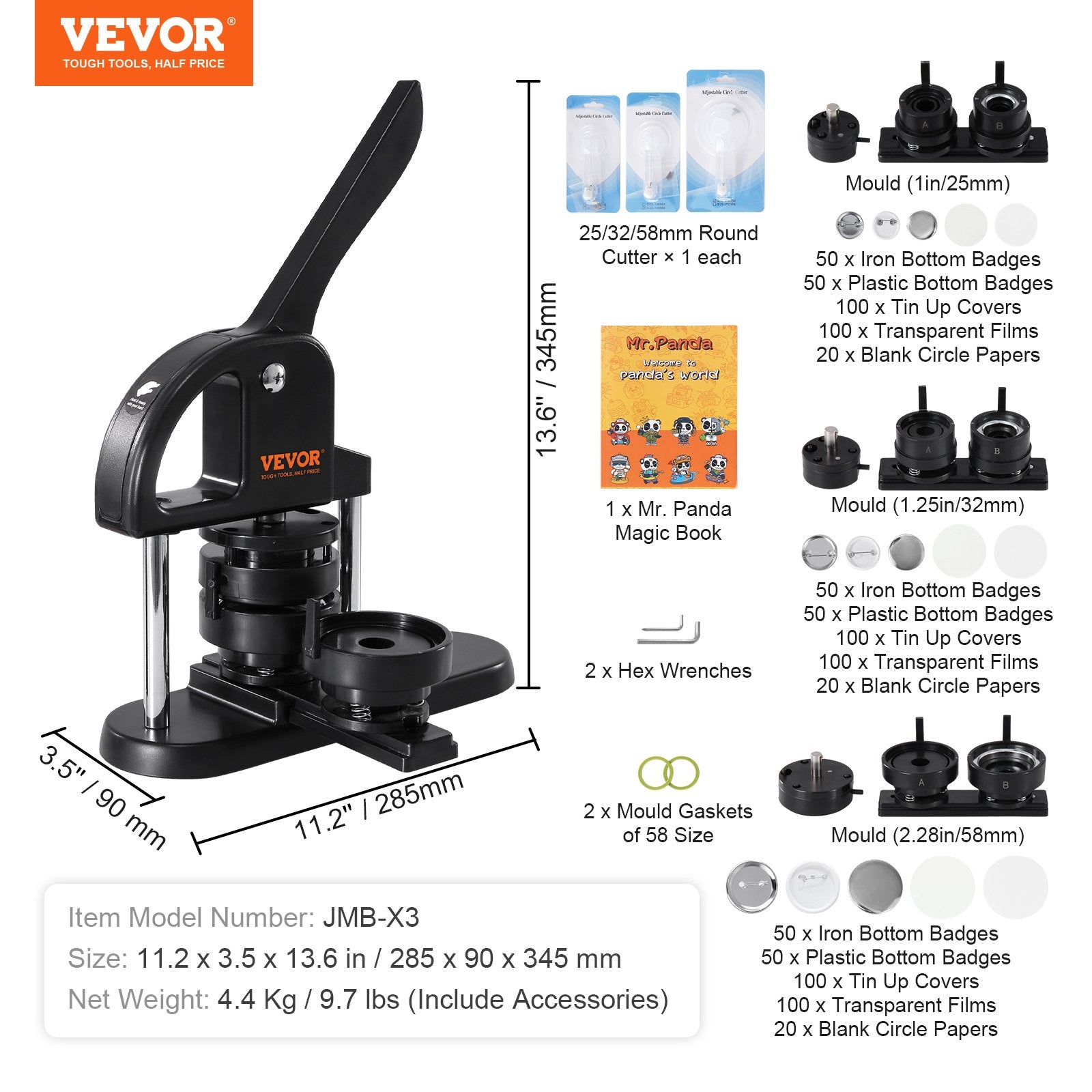 VEVOR Button Maker Machine, 1/1.25/2.28 inch(25/32/58mm) 3-in-1 Pin Maker, Installation-Free Badge Punch Press Kit, Button Making Supplies with 300pcs Button Parts, Circle Cutter, Magic Book 