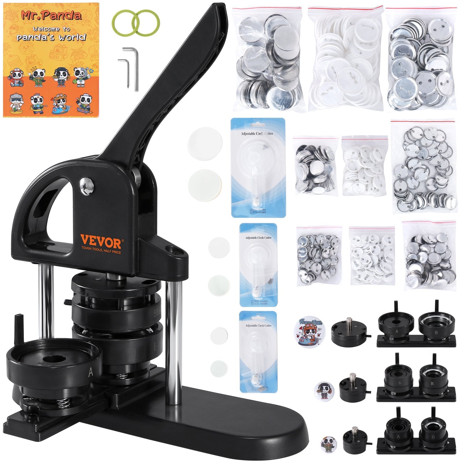 VEVOR Button Maker Machine, 1/1.25/2.28 inch(25/32/58mm) 3-in-1 Pin Maker, Installation-Free Badge Punch Press Kit, Button Making Supplies with 300pcs Button Parts, Circle Cutter, Magic Book 