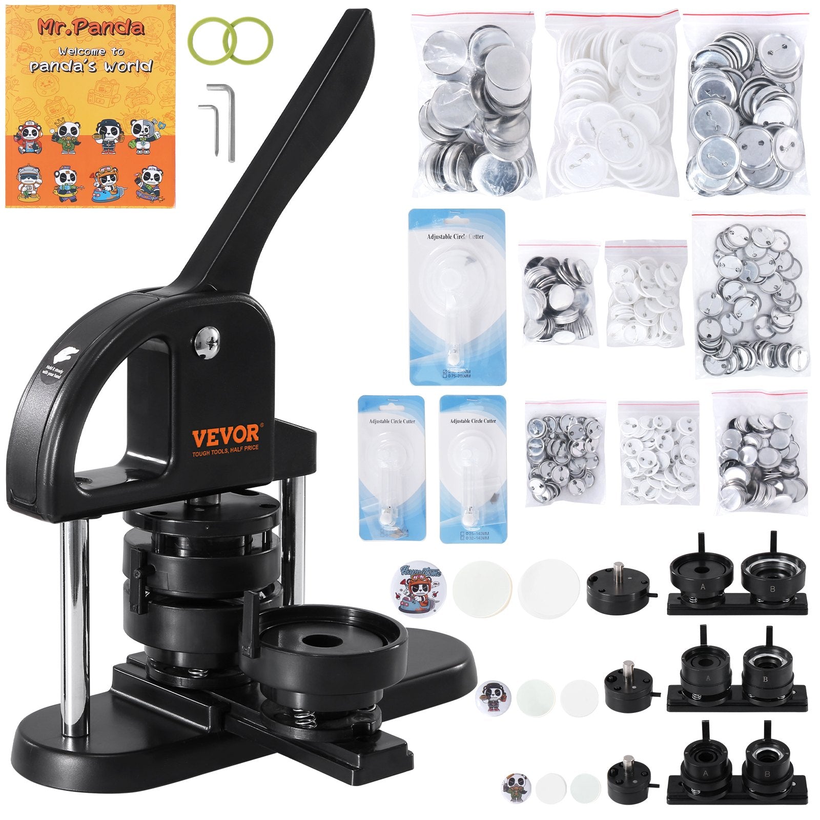 VEVOR Button Maker Machine, 1/1.25/2.28 inch(25/32/58mm) 3-in-1 Pin Maker, Installation-Free Badge Punch Press Kit, Button Making Supplies with 300pcs Button Parts, Circle Cutter, Magic Book 