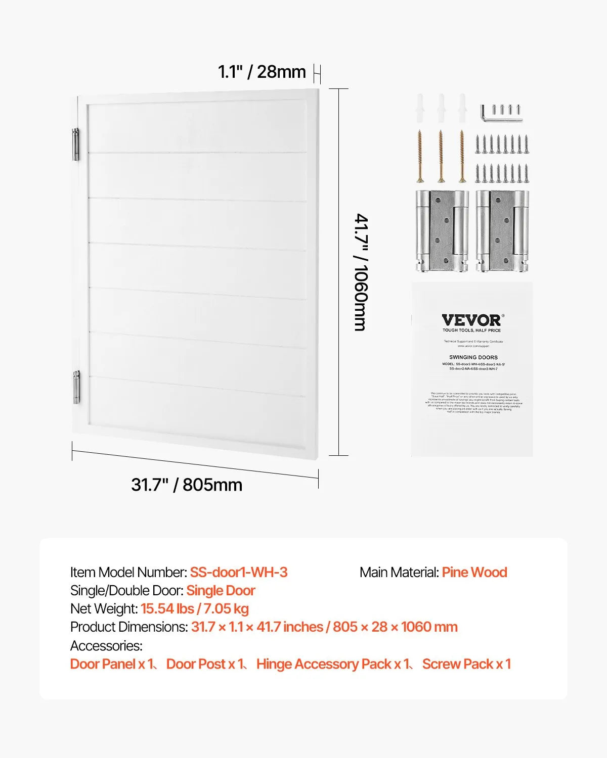 VEVOR Swinging Cafe Doors 32" x 42" Pine Wood White with Hinges & Hardware