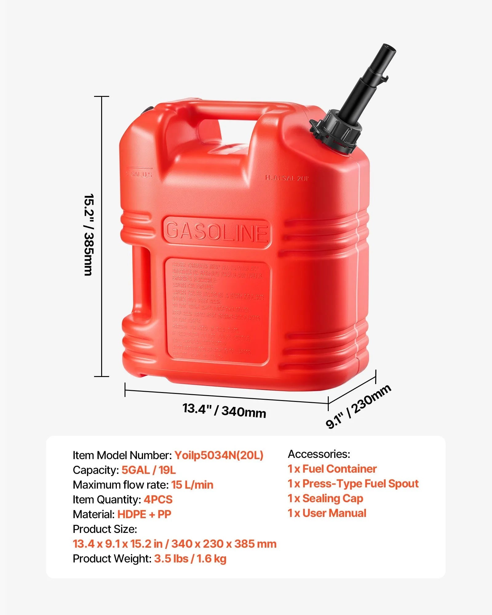 VEVOR Fuel Container, 5 Gallon, Gas Tank with Spout & Clear Scale, 15 L/min Max Flow Rate, Secure & Leak-proof, Portable Flat Fluid Container for Most Cars Motorcycle ATV UTV, Red, 4 Packs 