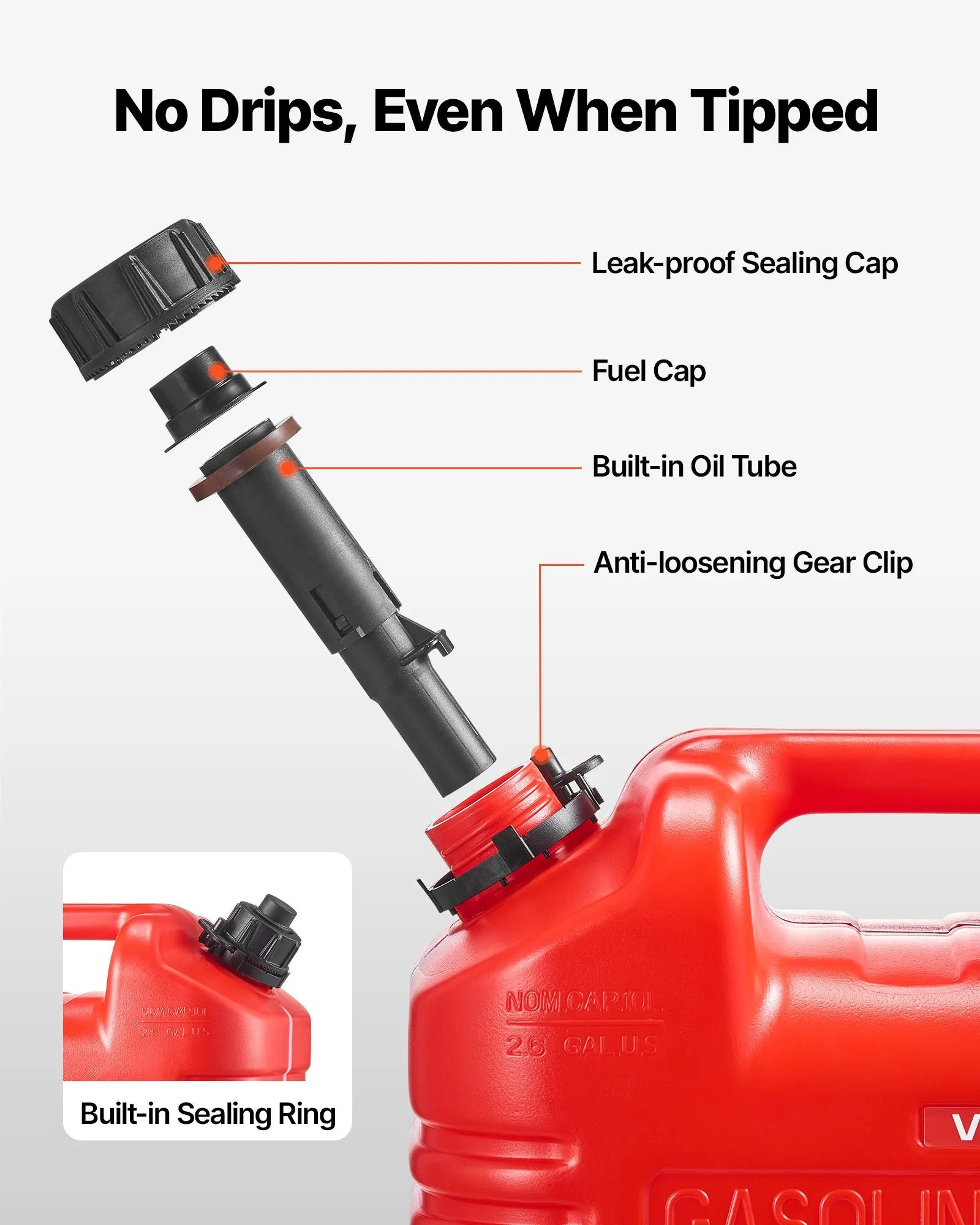 VEVOR Fuel Container, 2.5 Gallon, Gas Tank with Spout & Clear Scale, 15 L/min Max Flow Rate, Secure & Leak-proof, Portable Flat Fluid Container for Most Cars Motorcycle ATV UTV, Red, 1 Pack 