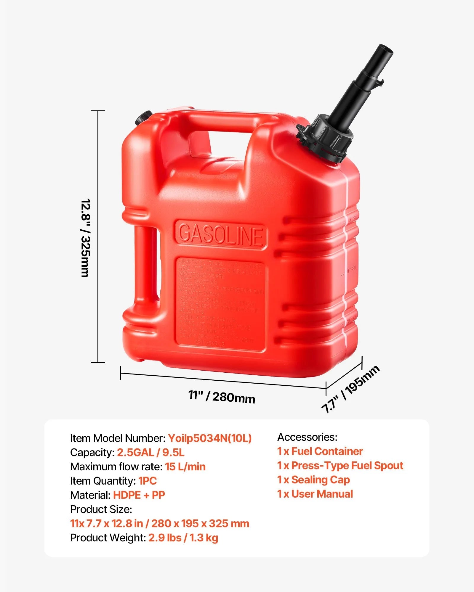 VEVOR Fuel Container, 2.5 Gallon, Gas Tank with Spout & Clear Scale, 15 L/min Max Flow Rate, Secure & Leak-proof, Portable Flat Fluid Container for Most Cars Motorcycle ATV UTV, Red, 1 Pack 