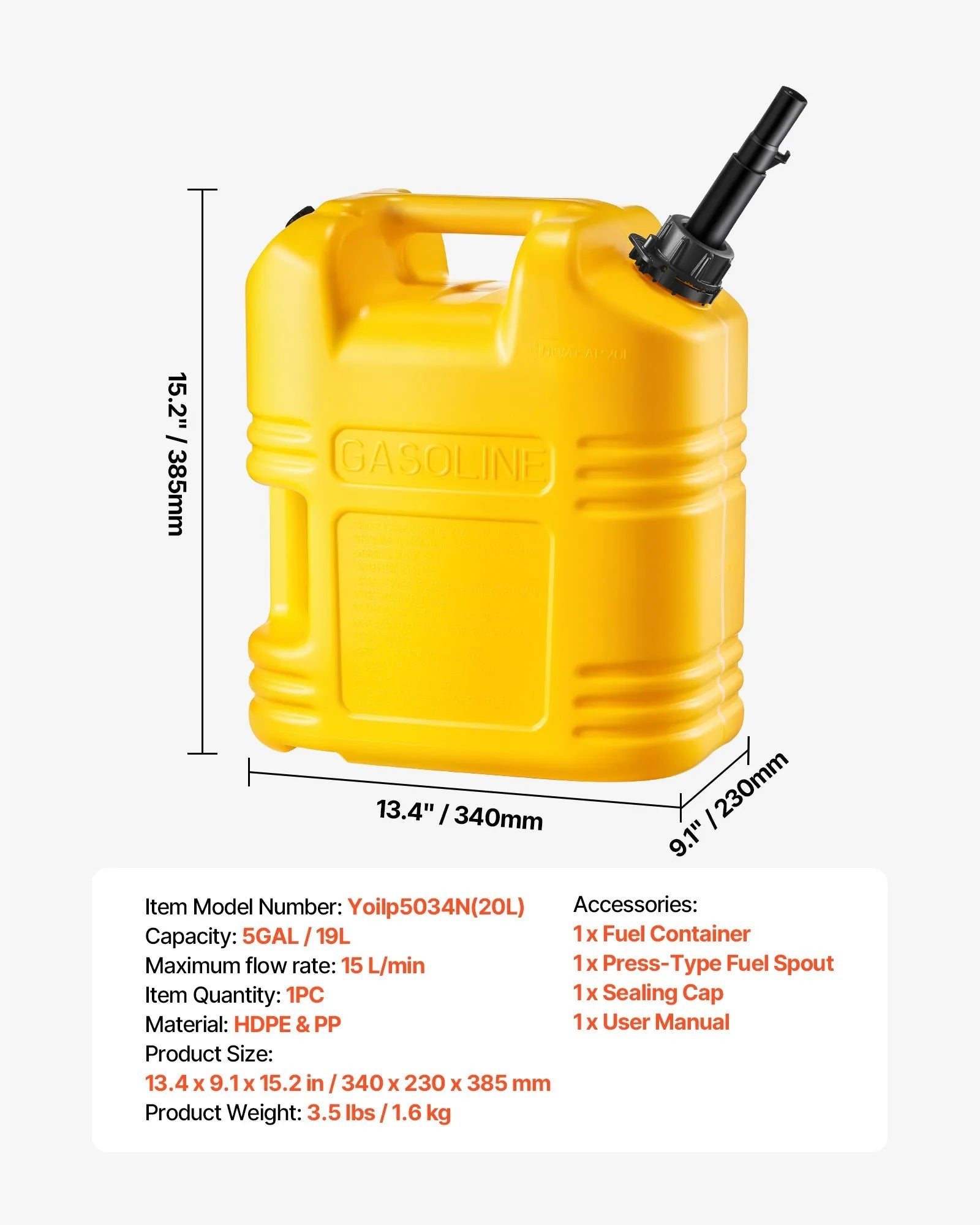 VEVOR Fuel Container, 5 Gallon, Gas Tank with Spout & Clear Scale, 15 L/min Max Flow Rate, Secure & Leak-proof, Portable Flat Fluid Container for Most Cars Motorcycle SUV ATV UTV, Yellow, 1 Pack 