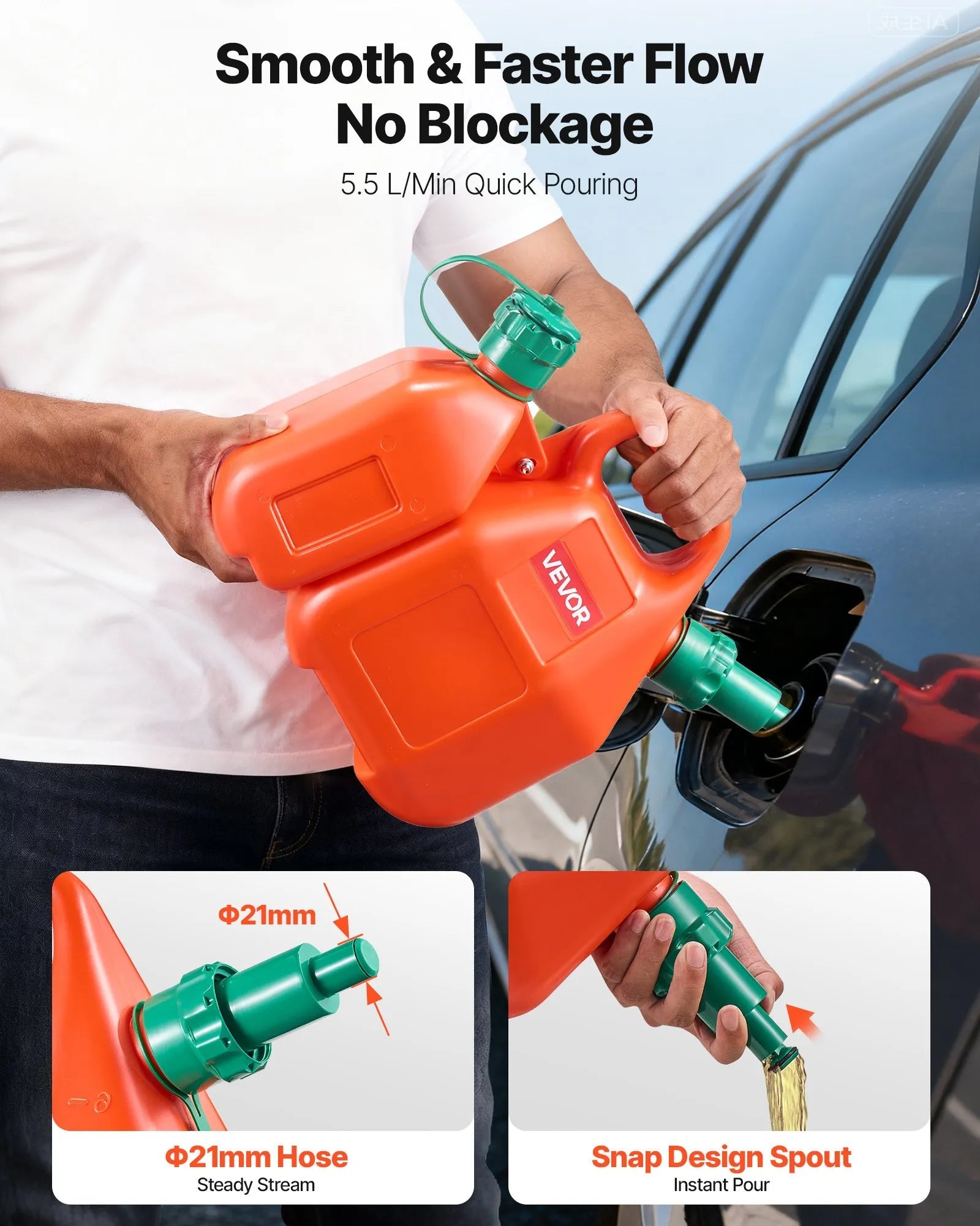 VEVOR Fuel Container, 1.6 Gallon, Fuel Tank with Spout & 0.5 Gallon Extra Oil Container, 5.5 L/min Max Flow Rate, Leak-proof and Portable Flat Fluid Container for Most Cars Motorcycle ATV UTV 