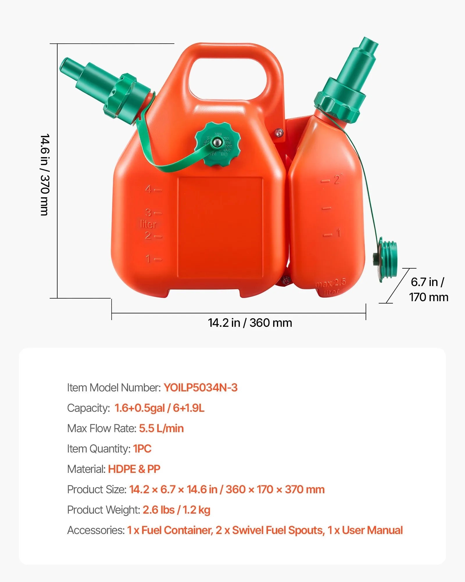VEVOR Fuel Container, 1.6 Gallon, Fuel Tank with Spout & 0.5 Gallon Extra Oil Container, 5.5 L/min Max Flow Rate, Leak-proof and Portable Flat Fluid Container for Most Cars Motorcycle ATV UTV 