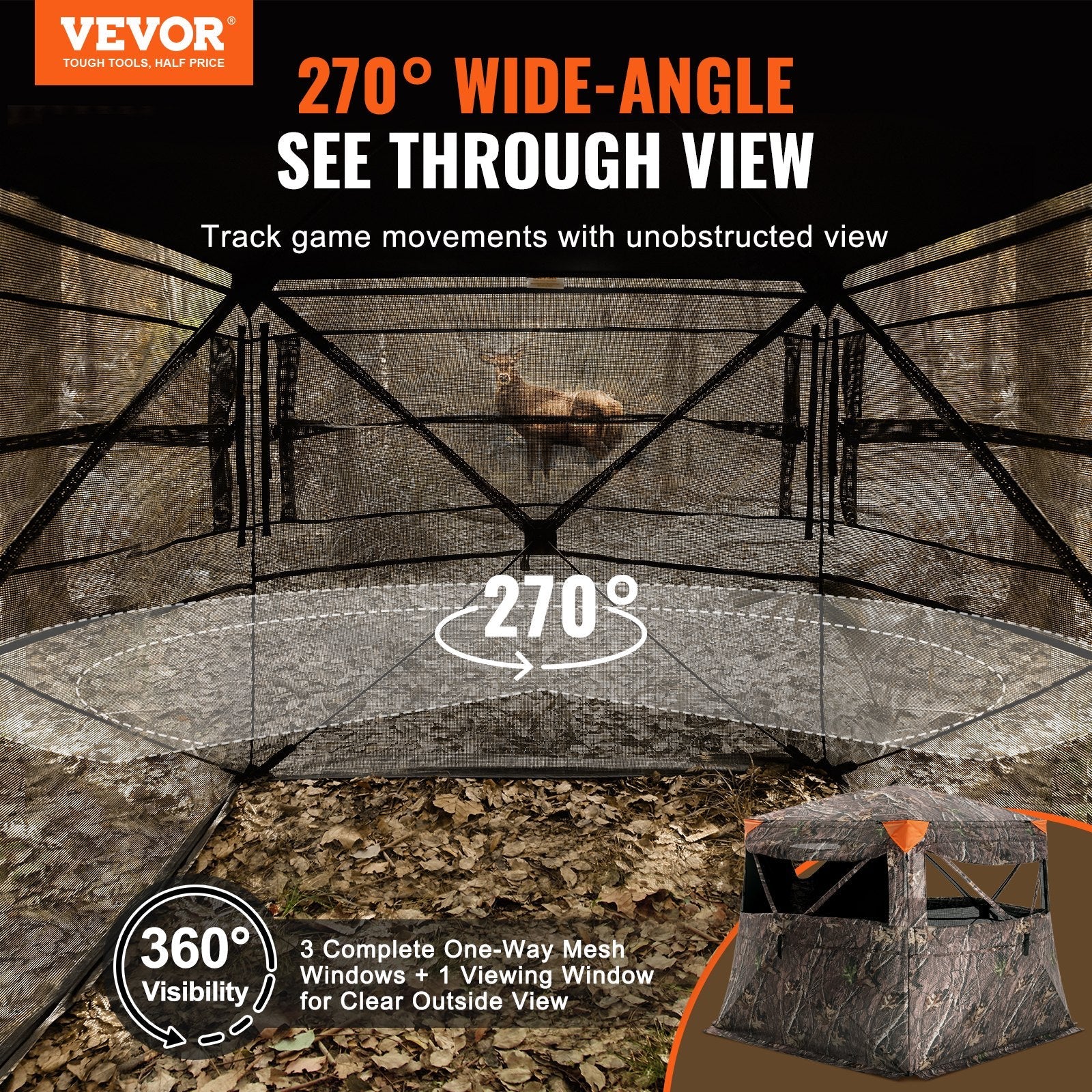 VEVOR Hunting Blind 270° See Through Ground Blind One-Way Mesh for 4-5 Person 