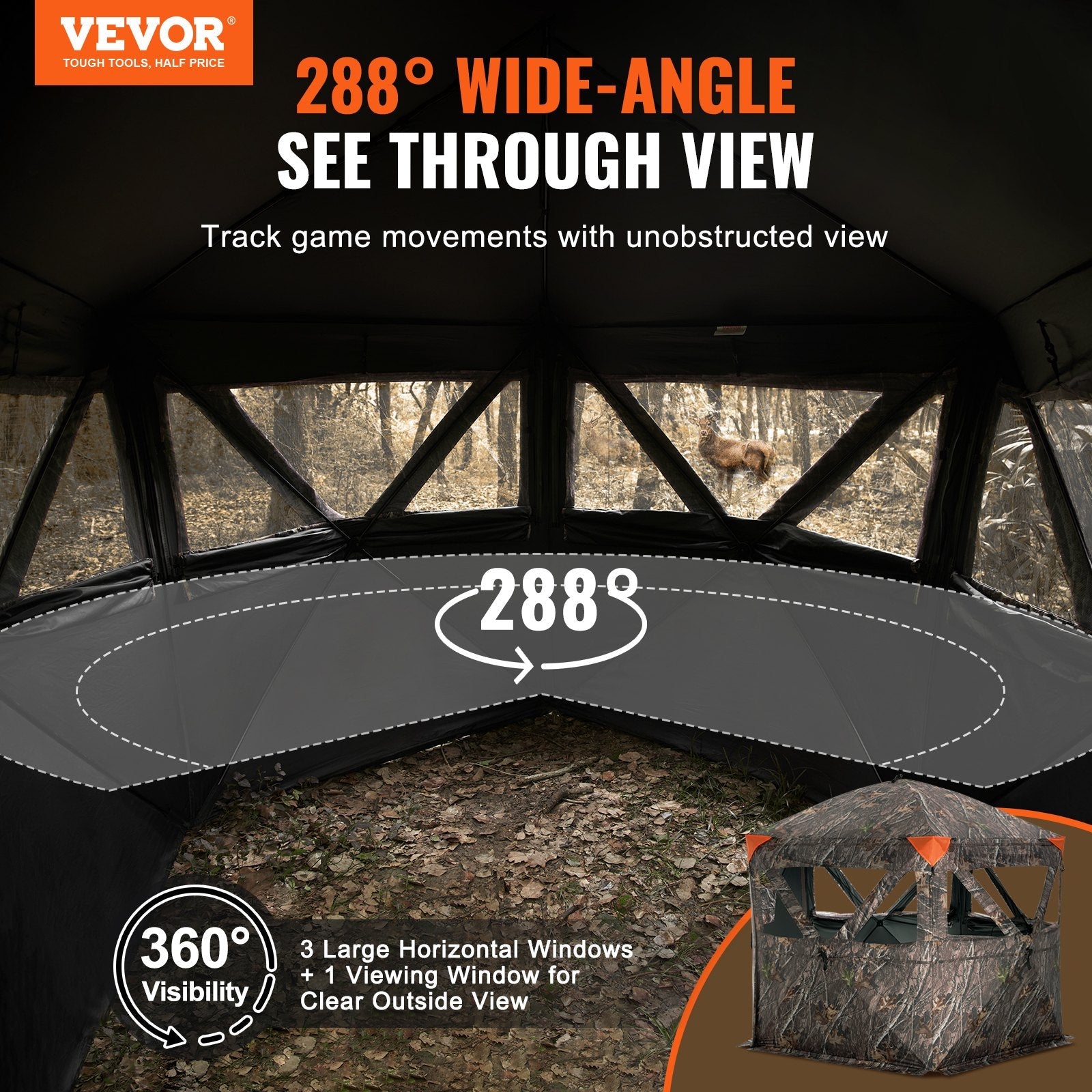 VEVOR Hunting Blind 288° See Through Ground Blind 4 Windows Mesh for 6-7 Person 