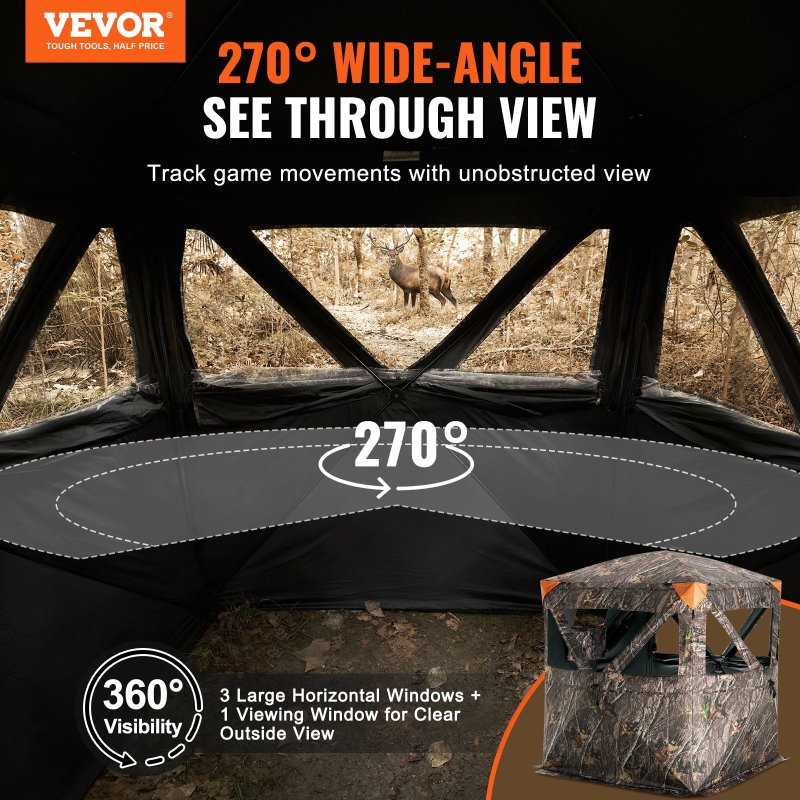 VEVOR Hunting Blind 270° See Through Ground Blind 3 Windows Mesh for 1-2 Person 