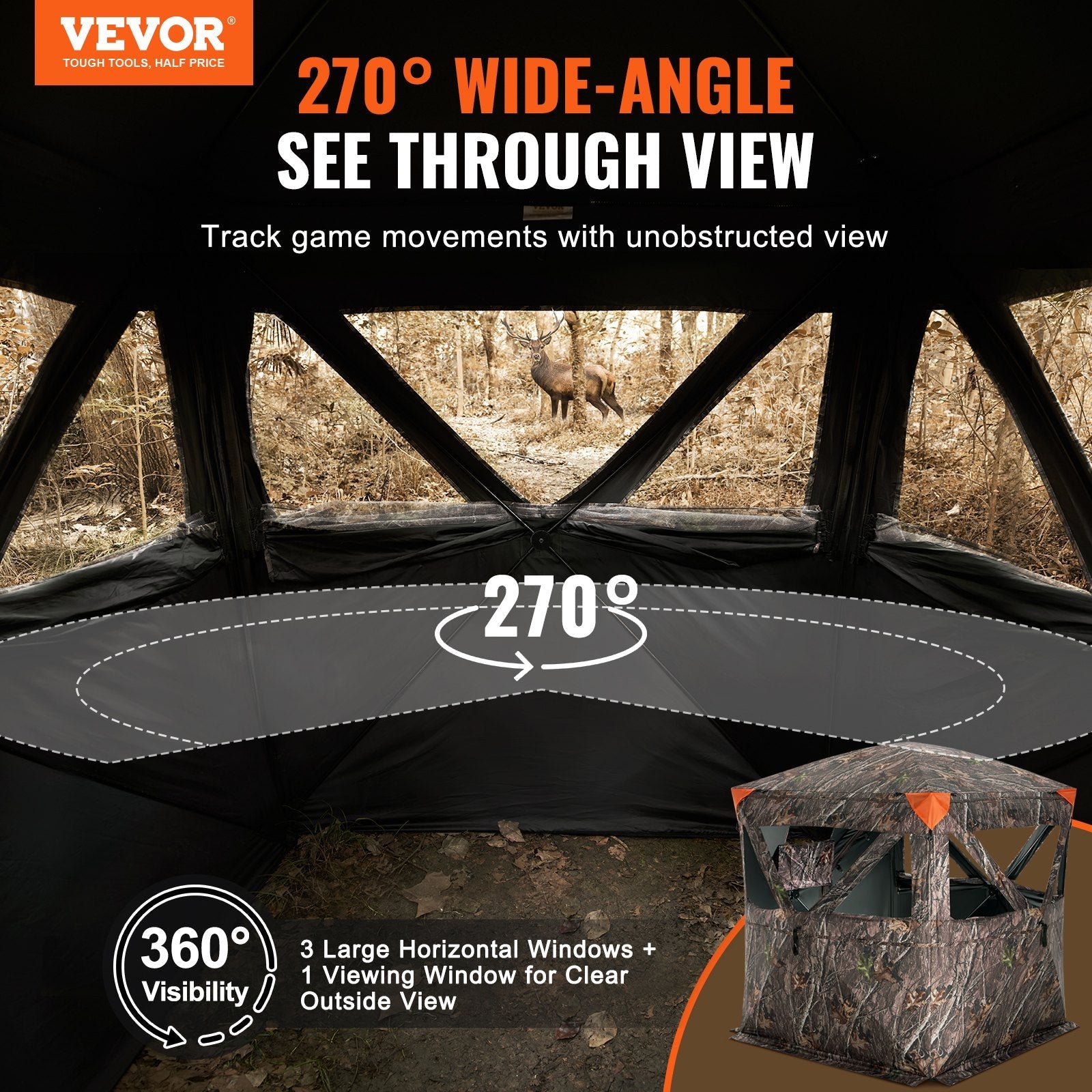 VEVOR Hunting Blind 270° See Through Ground Blind 3 Windows Mesh for 2-3 Person 