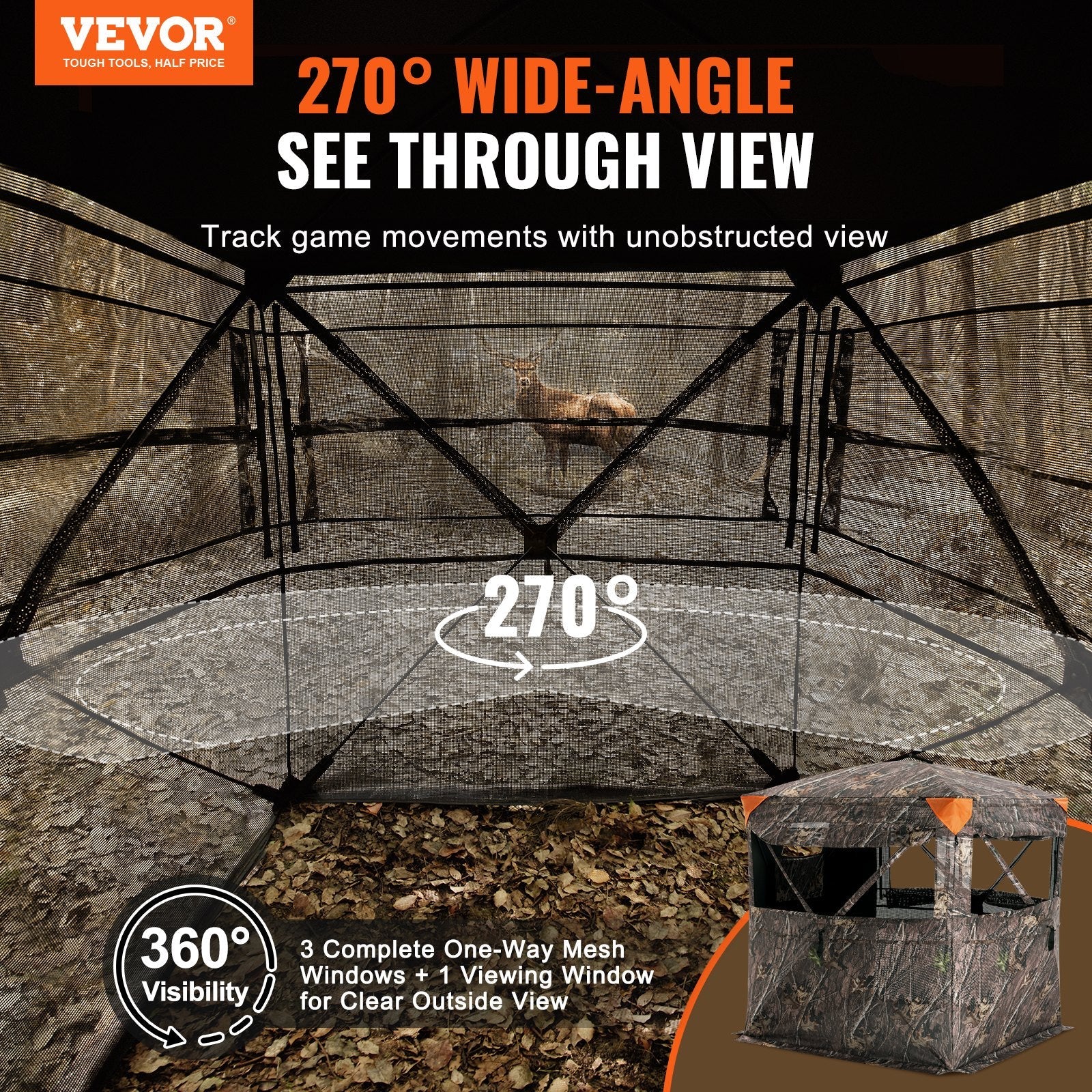 VEVOR Hunting Blind 270° See Through Ground Blind One-Way Mesh for 2-3 Person 