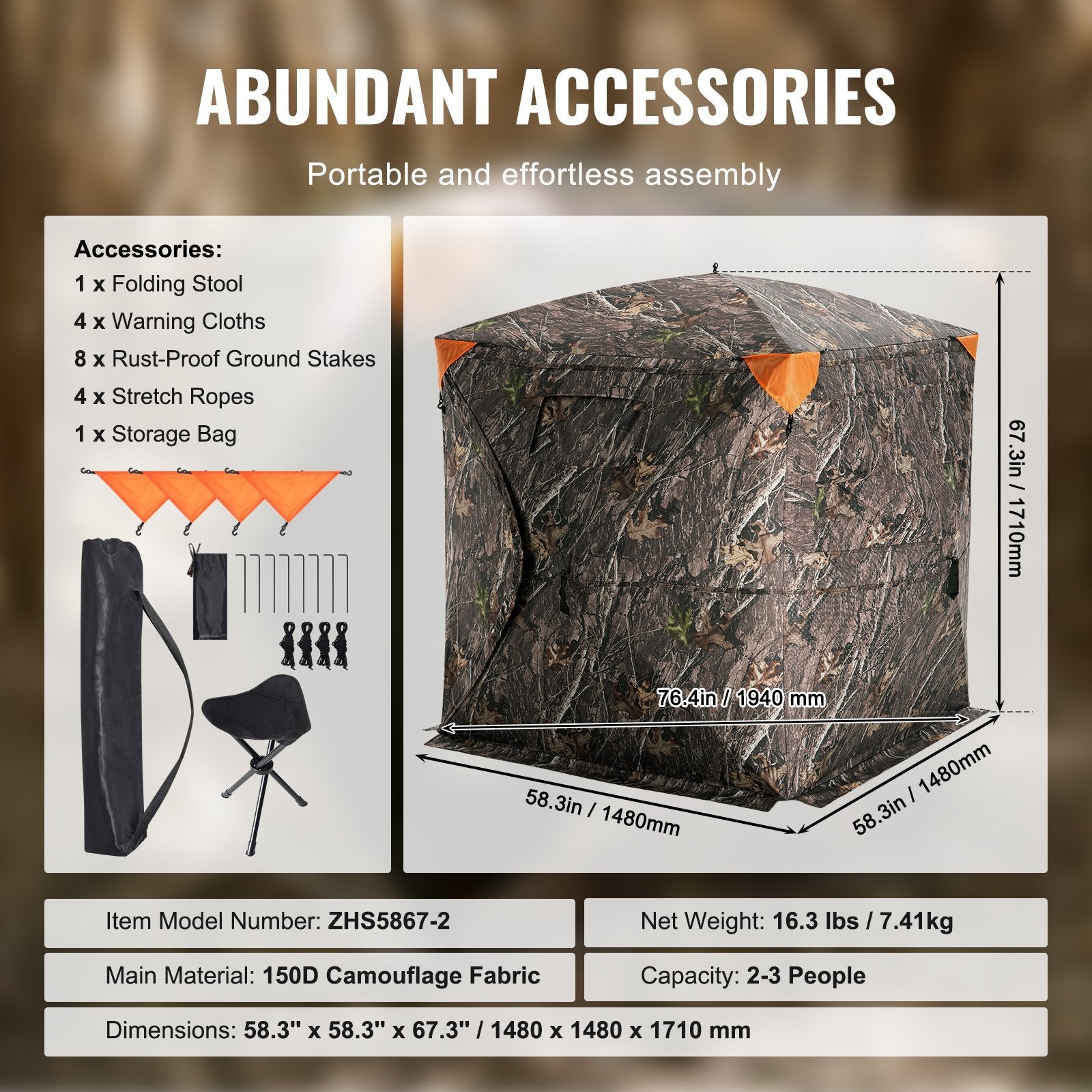 VEVOR Hunting Blind 270° See Through Ground Blind One-Way Mesh for 2-3 Person 