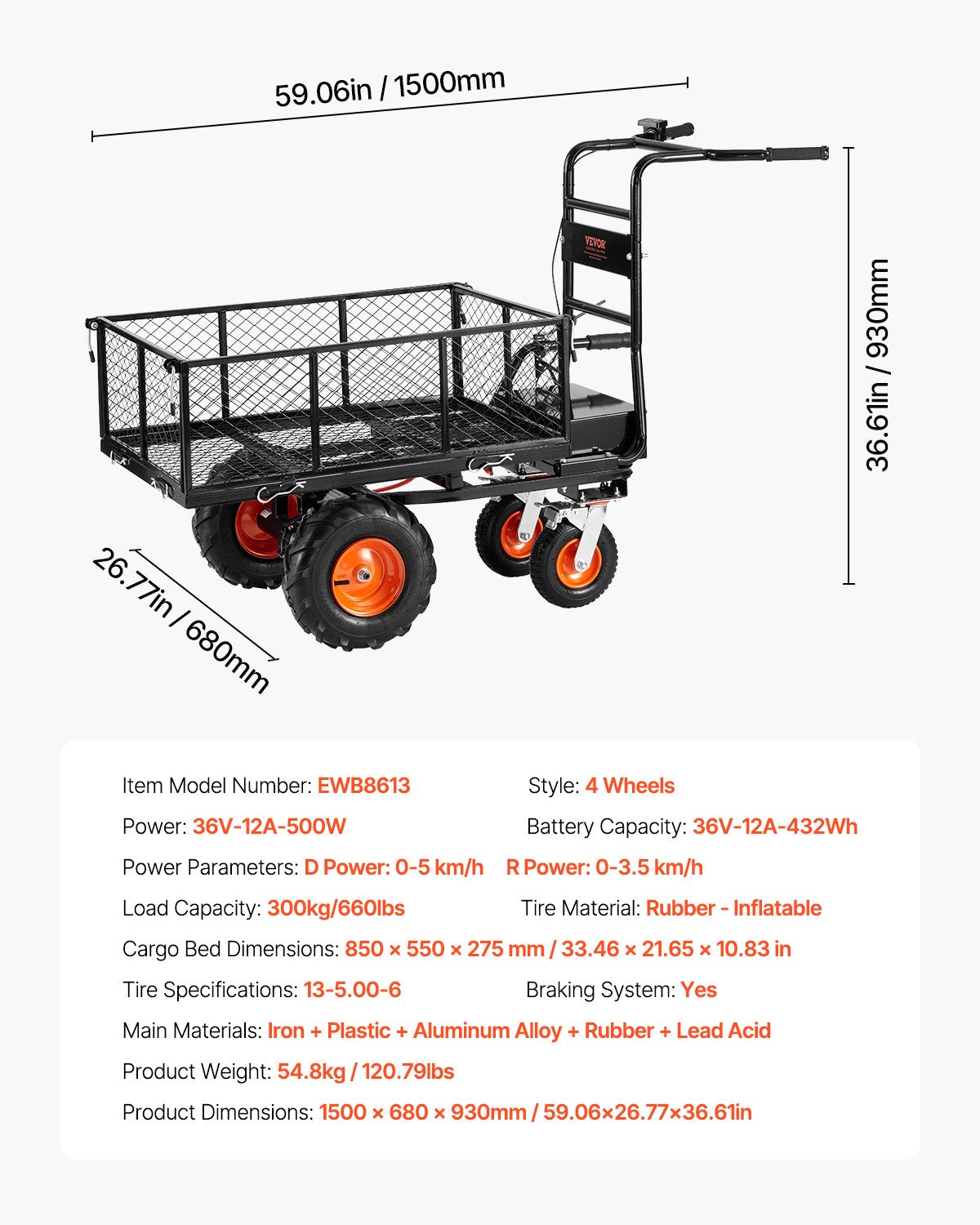 VEVOR Electric Utility Cart 660lbs Capacity Power Wagon 36V 432W Wheelbarrow 