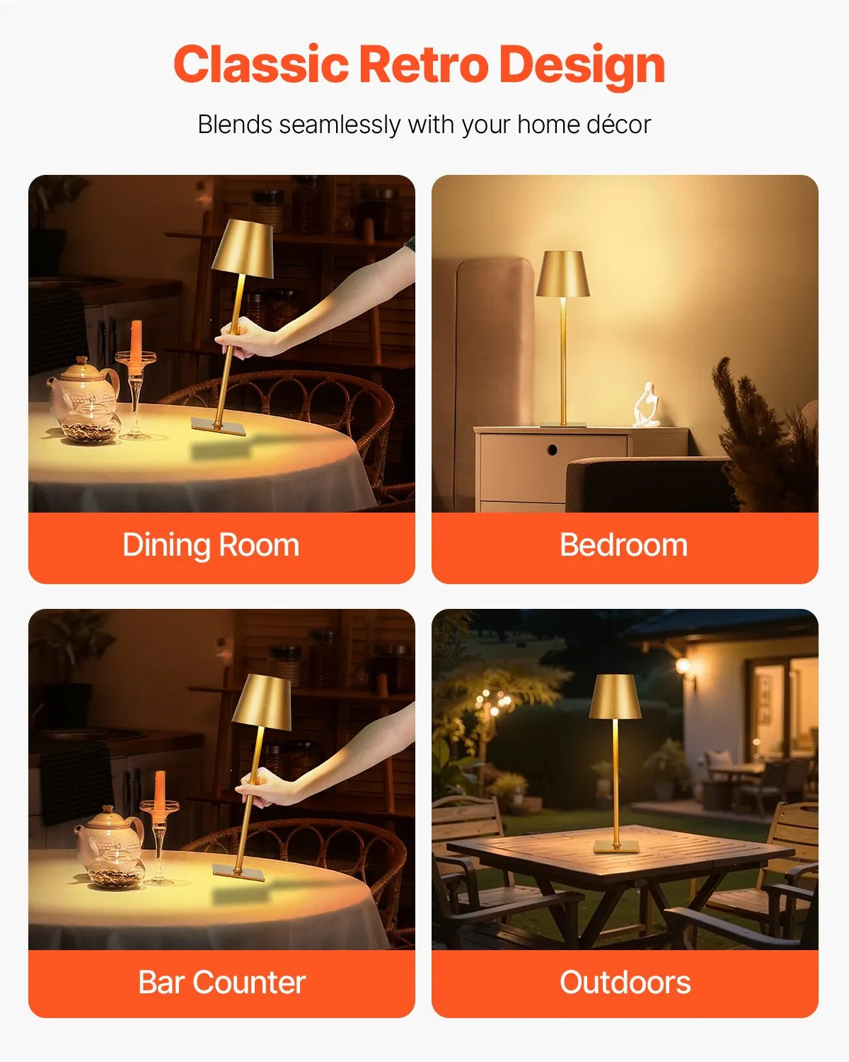 VEVOR Cordless Table Lamp 2-Pack 5200mAh Rechargeable Battery Desk Lamp Gold