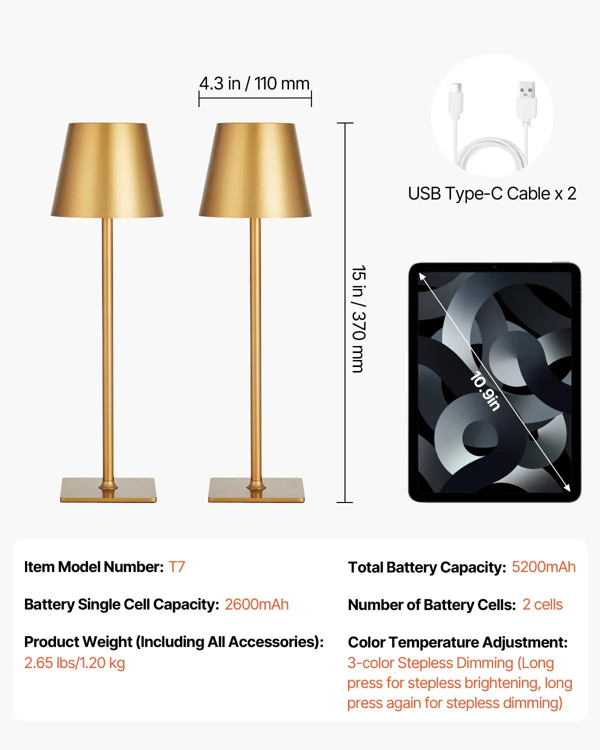 VEVOR Cordless Table Lamp 2-Pack 5200mAh Rechargeable Battery Desk Lamp Gold