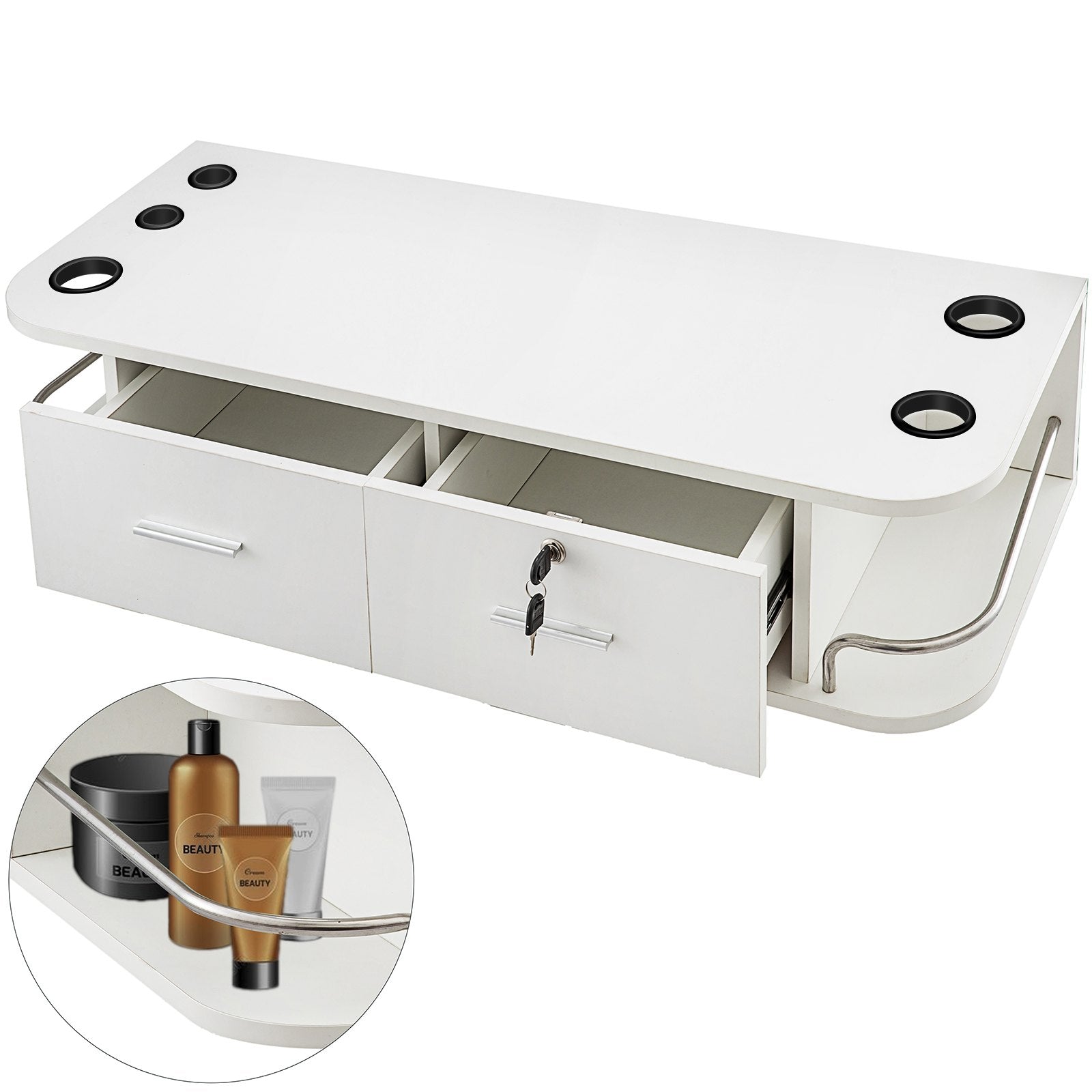VEVOR White Wall Mount Styling Station Classic Locking 2 Drawers Storage Beauty Salon Equipment 5 Hair Dryer Holes Locking Cabinet for Beauty Salon or SPA, Barber Shop, Home & Bathroom 
