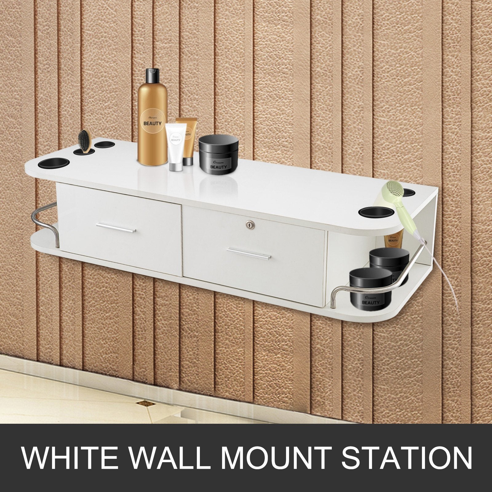 VEVOR White Wall Mount Styling Station Classic Locking 2 Drawers Storage Beauty Salon Equipment 5 Hair Dryer Holes Locking Cabinet for Beauty Salon or SPA, Barber Shop, Home & Bathroom 