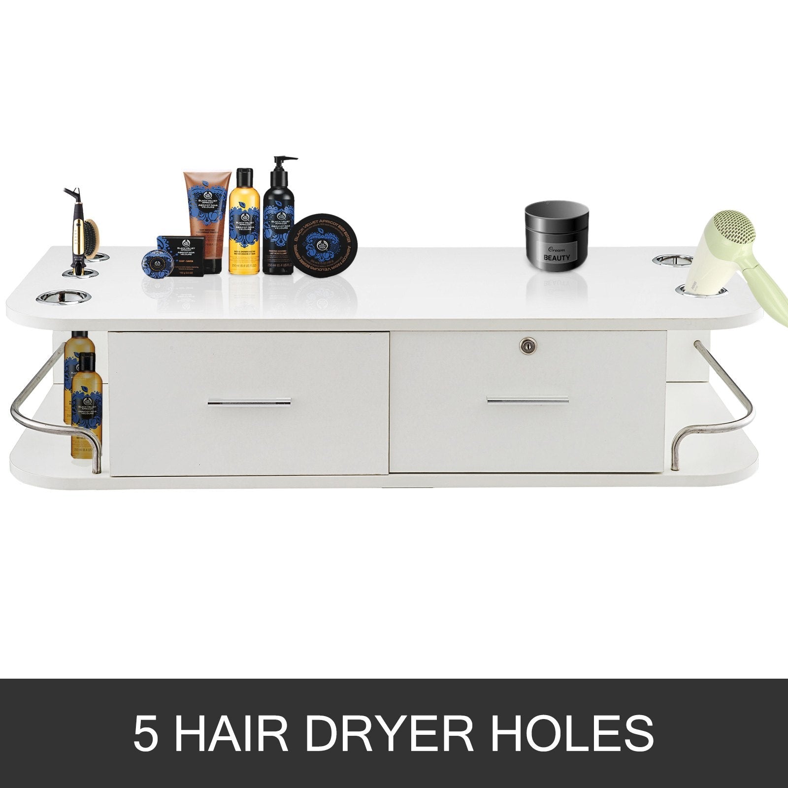 VEVOR White Wall Mount Styling Station Classic Locking 2 Drawers Storage Beauty Salon Equipment 5 Hair Dryer Holes Locking Cabinet for Beauty Salon or SPA, Barber Shop, Home & Bathroom 