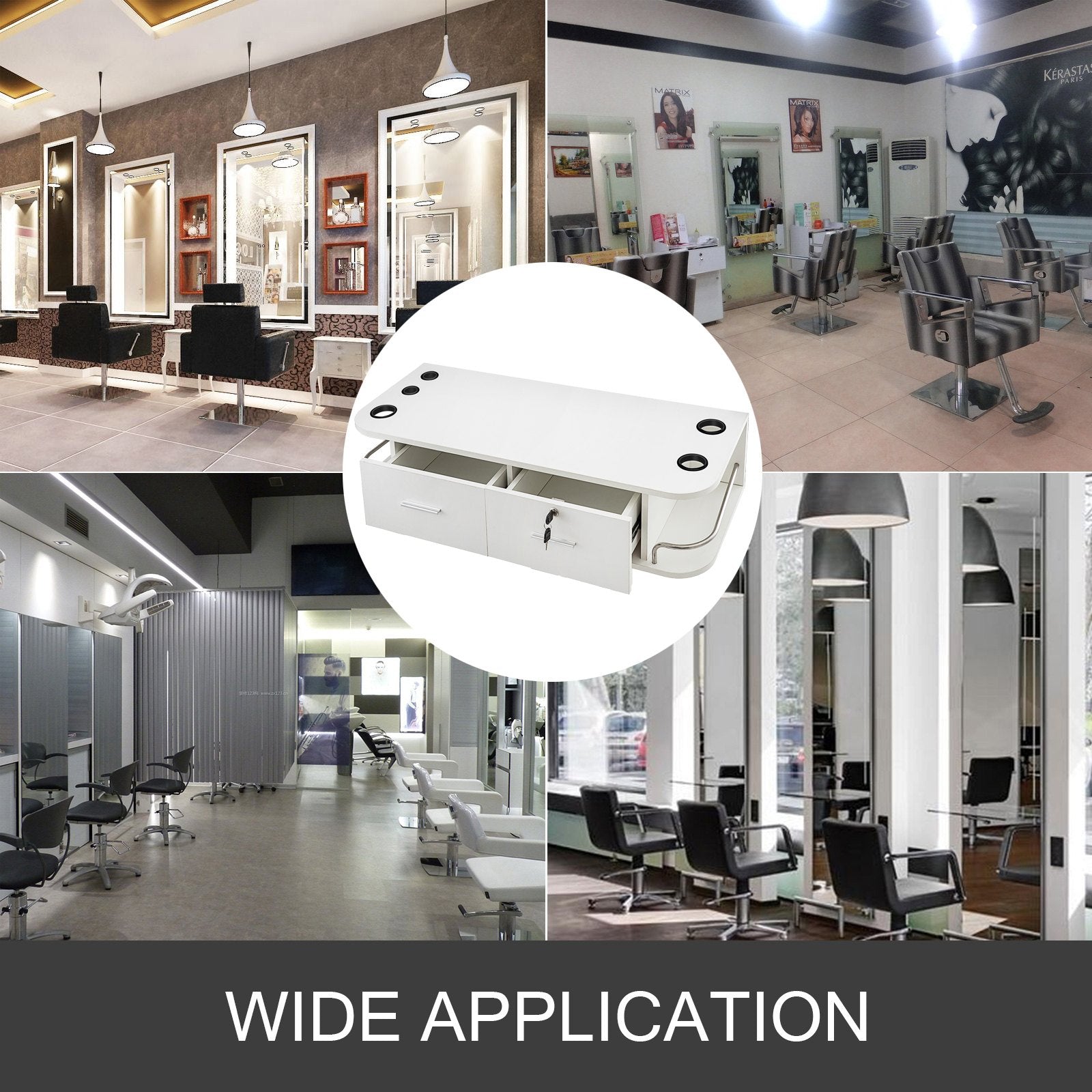 VEVOR White Wall Mount Styling Station Classic Locking 2 Drawers Storage Beauty Salon Equipment 5 Hair Dryer Holes Locking Cabinet for Beauty Salon or SPA, Barber Shop, Home & Bathroom 
